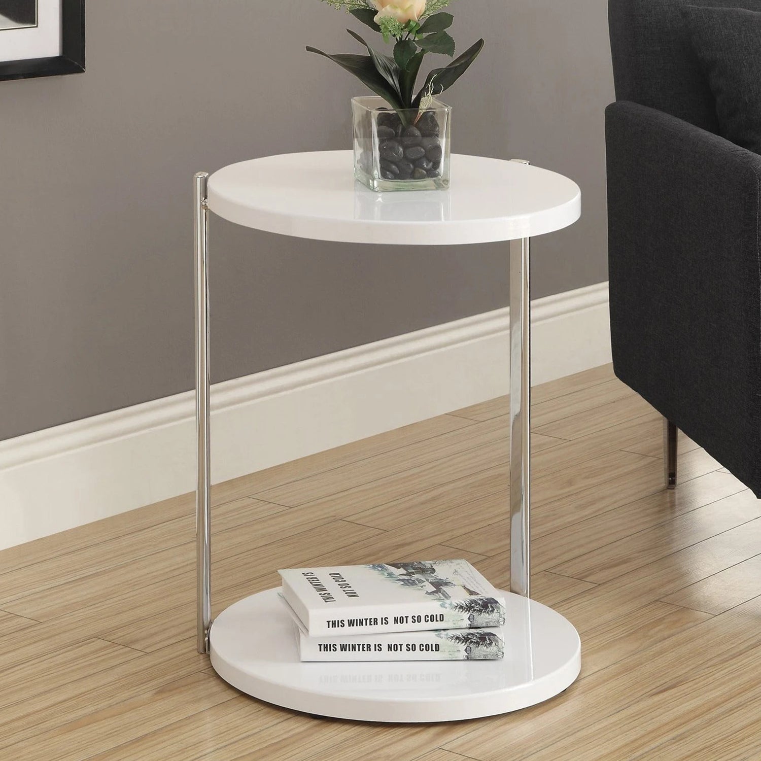 24" White Round End Table With Shelf