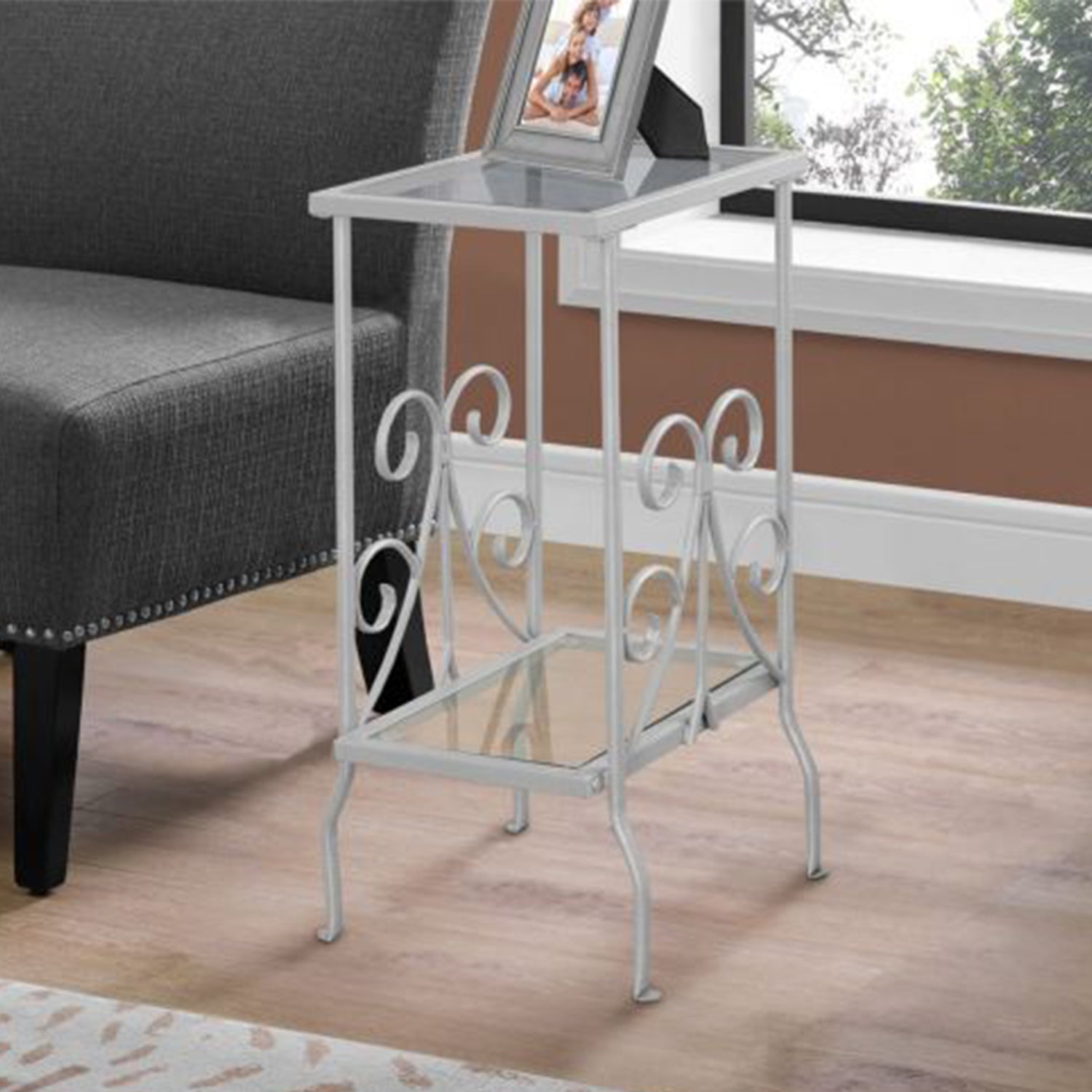 30" Silver And Clear Glass And Metal Square End Table With Shelf