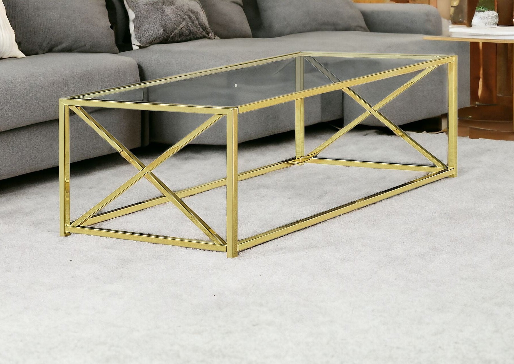 17.25" Gold Metal And Clear Tempered Glass Coffee Table