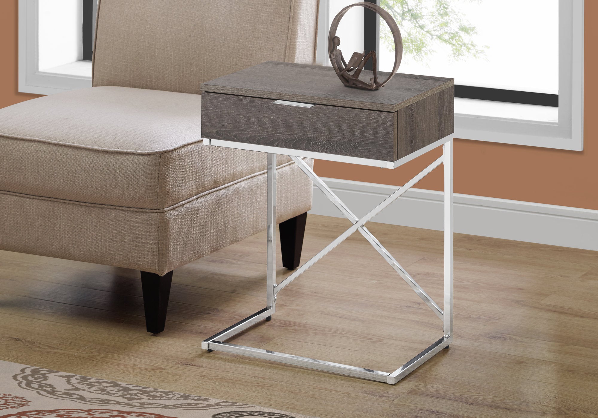 24" Silver And Gray Wood And Metal End Table With Drawer