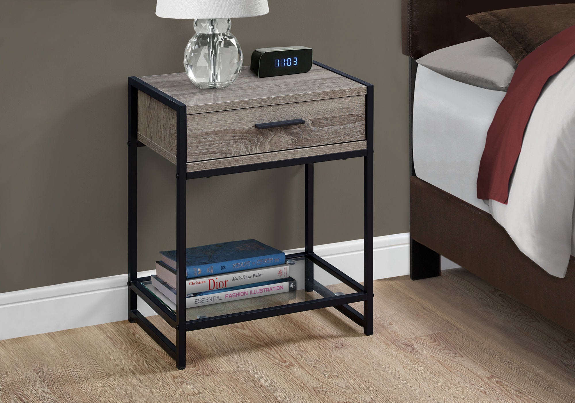 22" Black And Deep Taupe End Table With Drawer And Shelf
