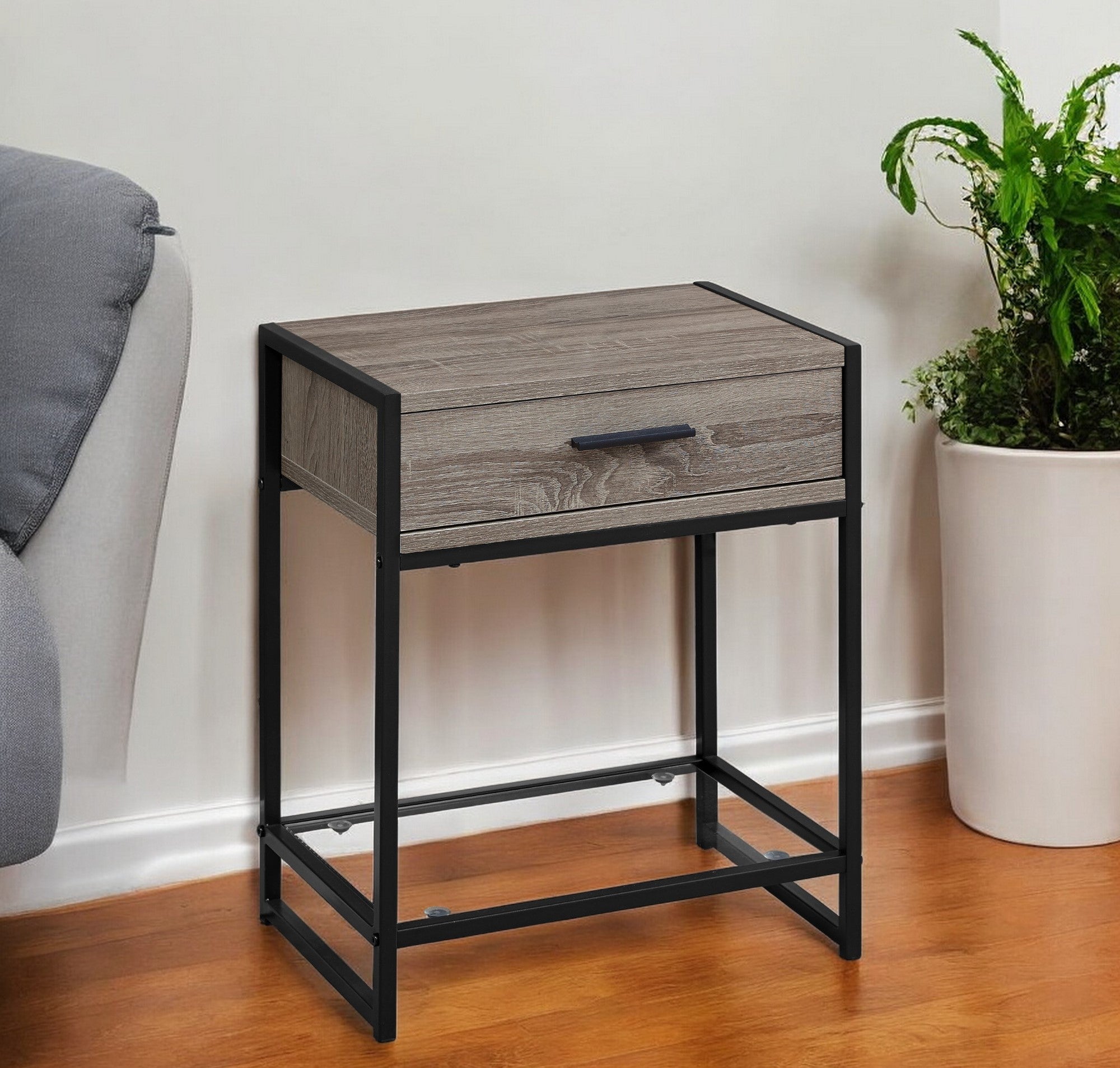 22" Black Glass And Metal End Table With Drawer And Shelf