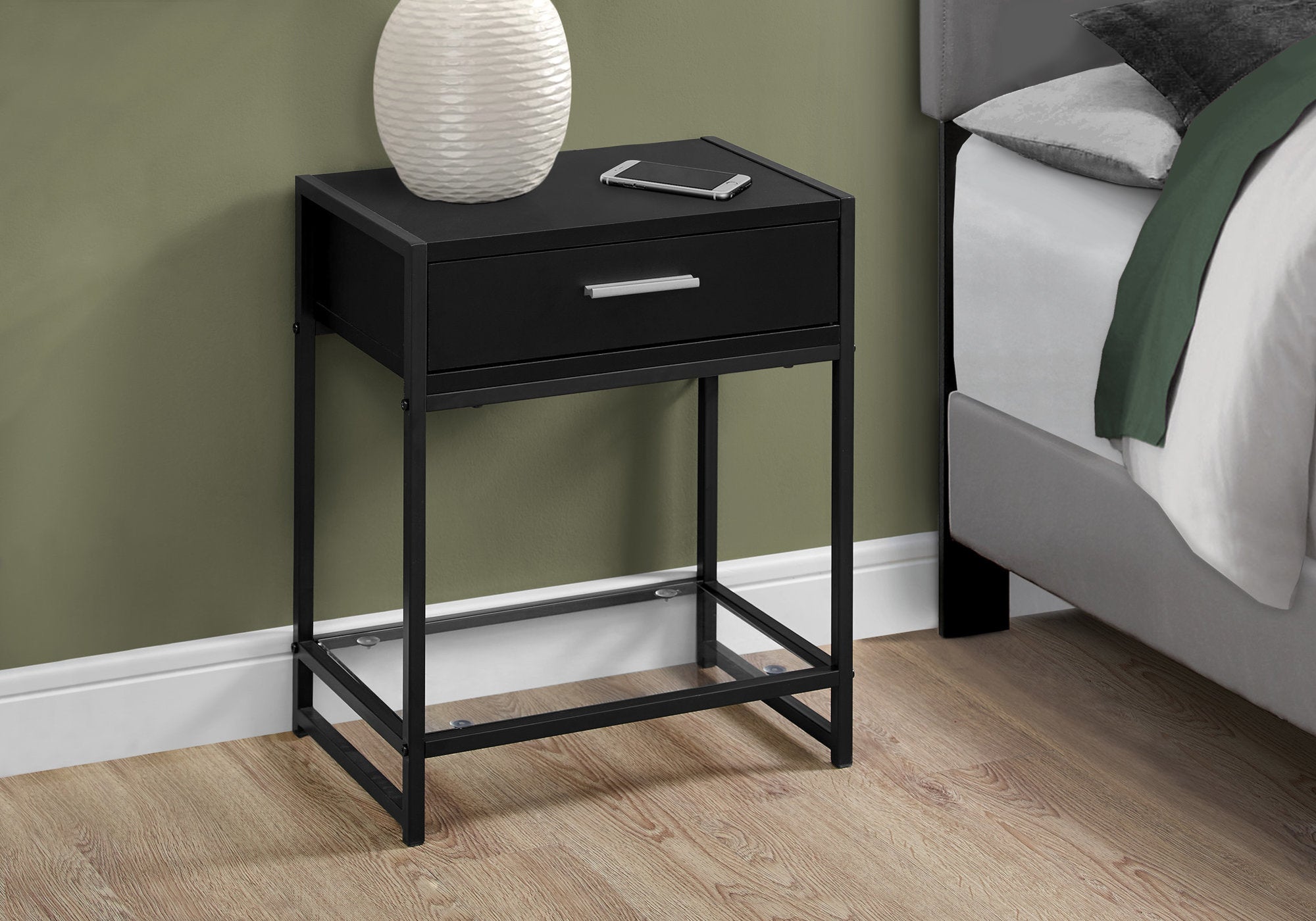 22" Black Glass And Metal End Table With Drawer And Shelf