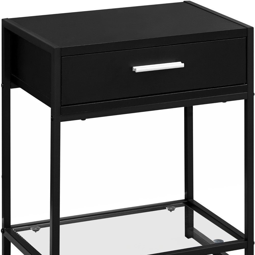 22" Black Glass And Metal End Table With Drawer And Shelf