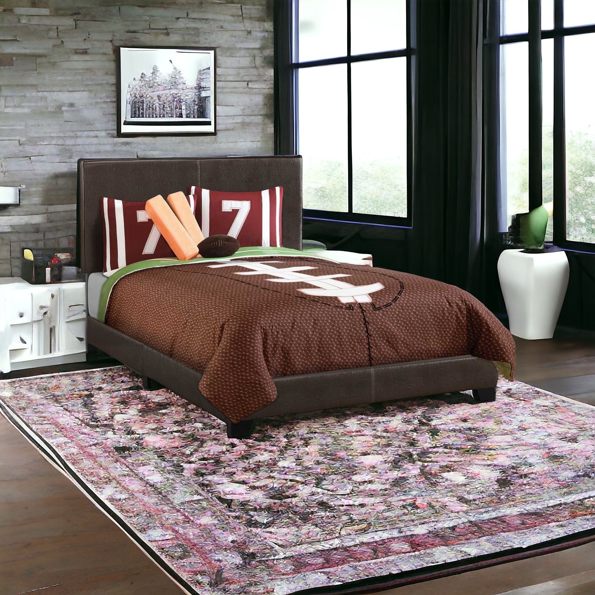 Brown Solid and Manufactured Wood Full Upholstered Faux Leather Bed Frame