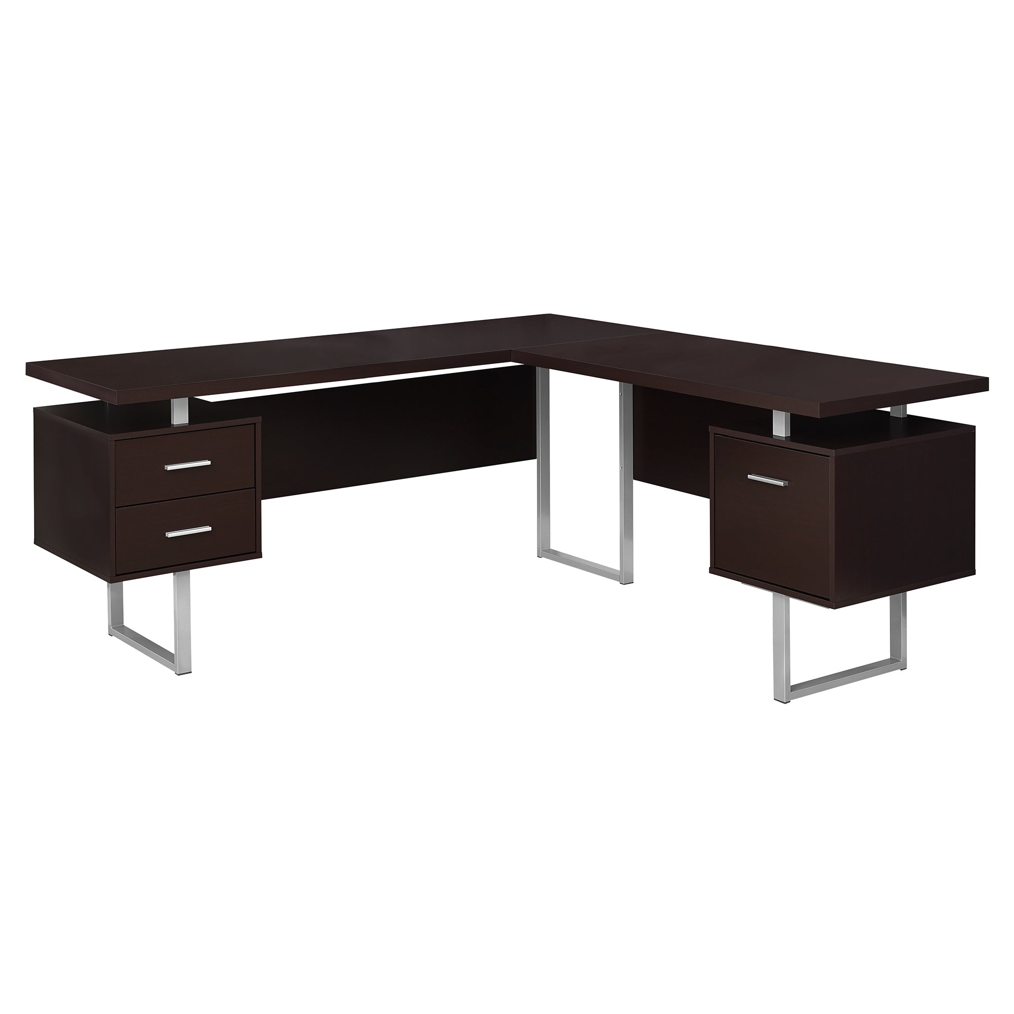 71" Brown and Silver L Shape Computer Desk With Three Drawers