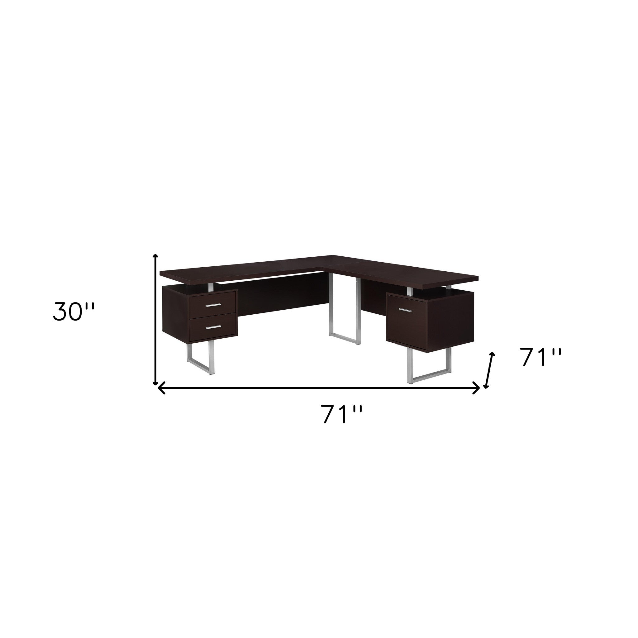 71" Brown and Silver L Shape Computer Desk With Three Drawers