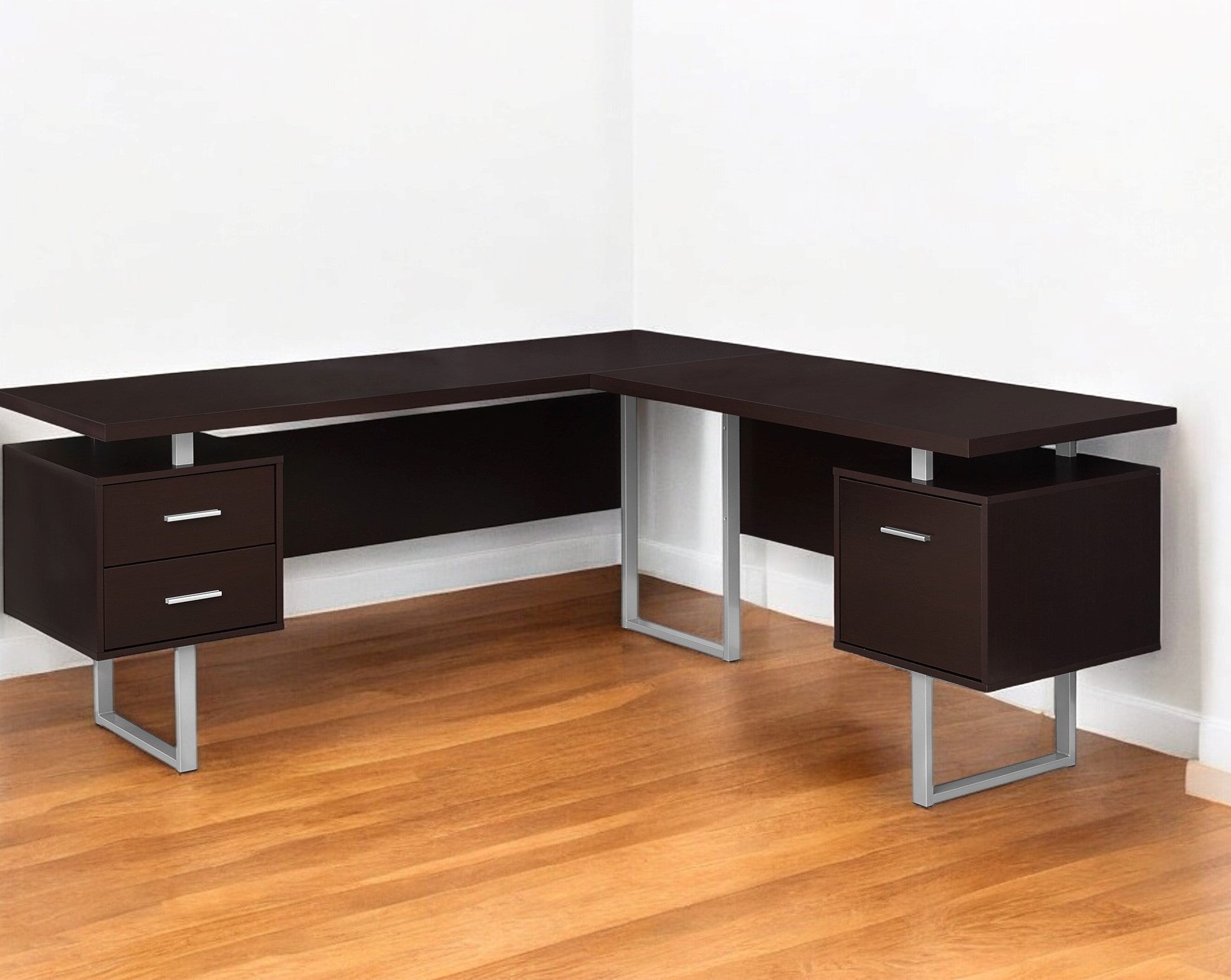 71" Brown and Silver L Shape Computer Desk With Three Drawers