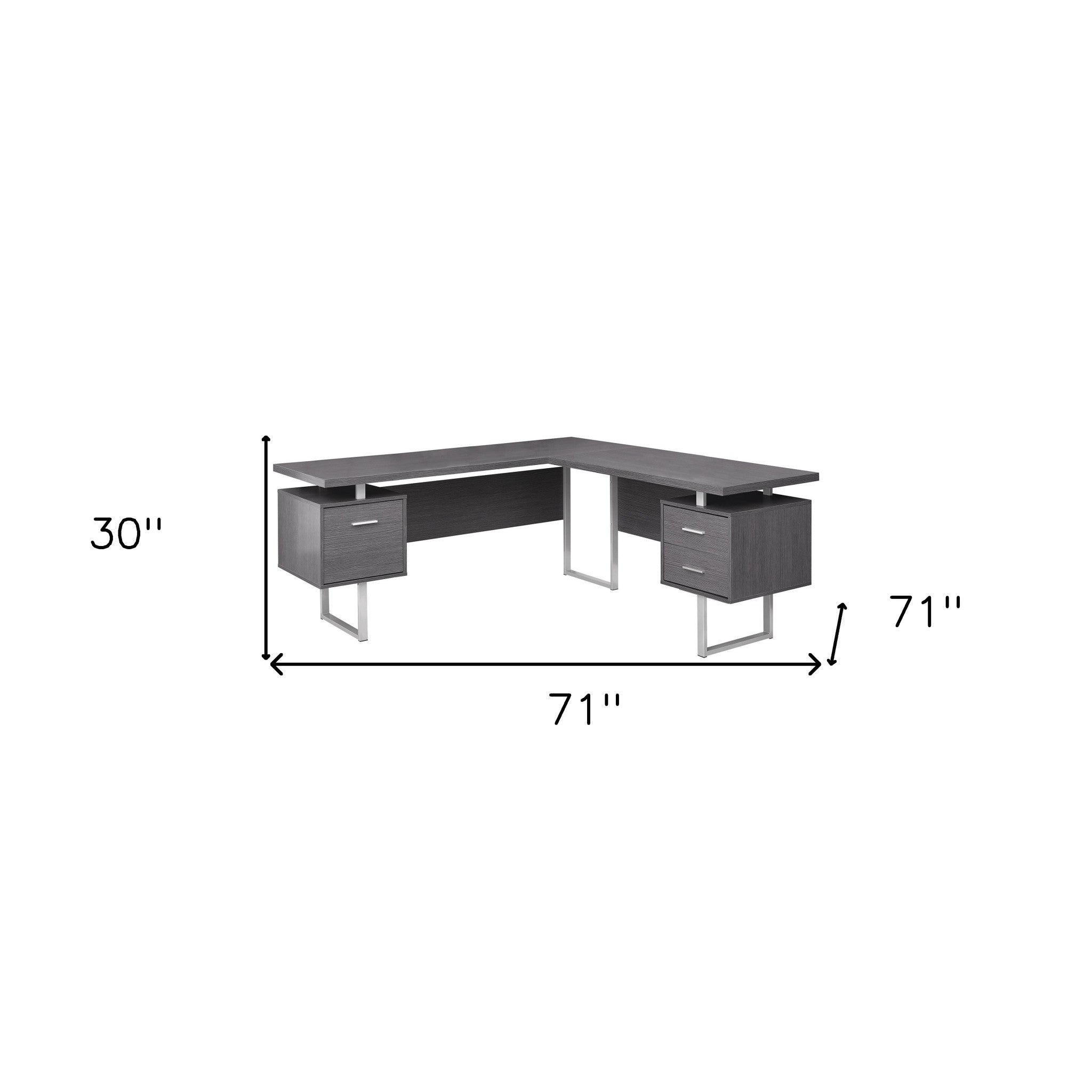 71" Gray and Black L Shape Computer Desk With Three Drawers