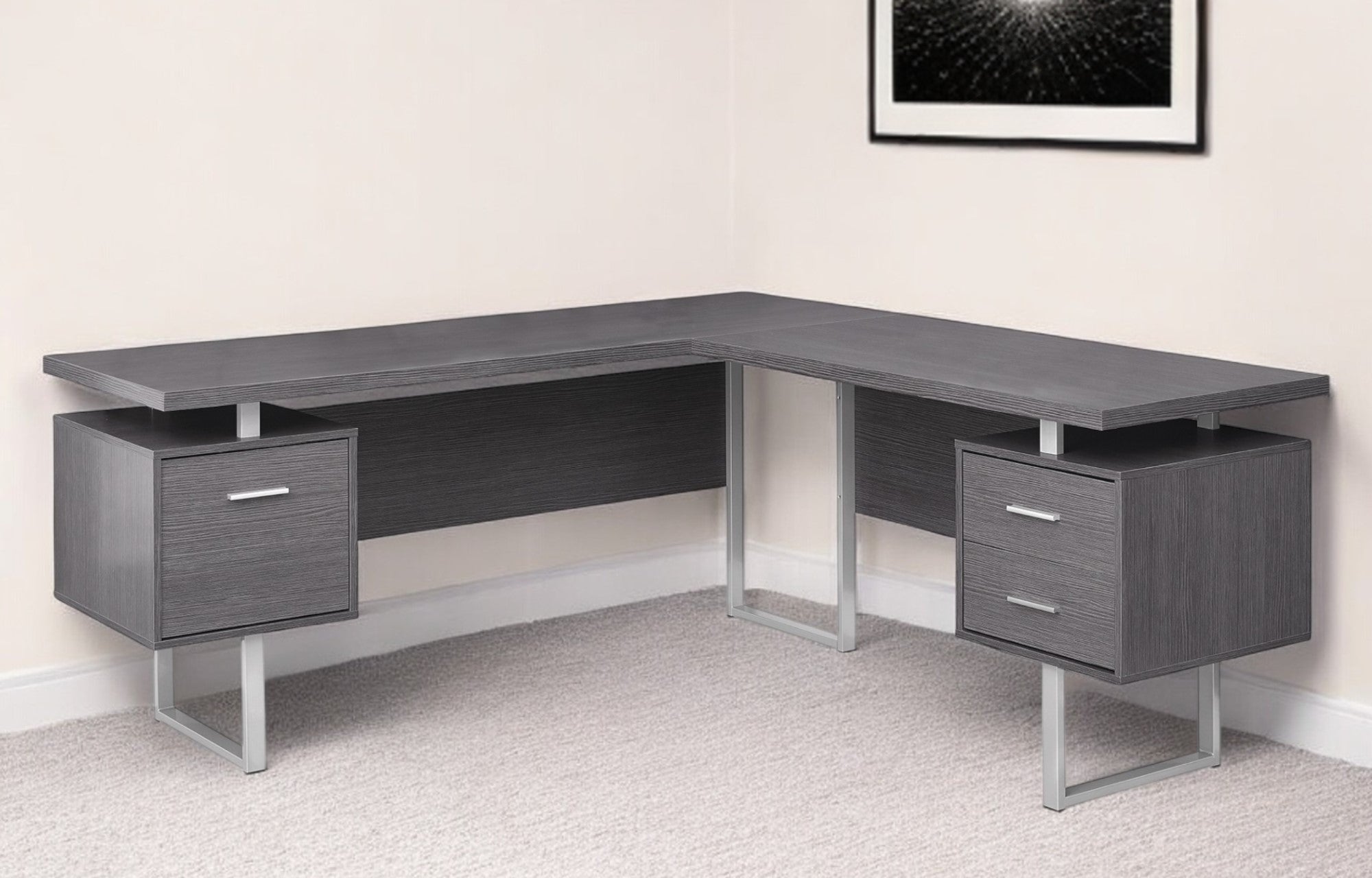 71" Brown and Silver L Shape Computer Desk With Three Drawers