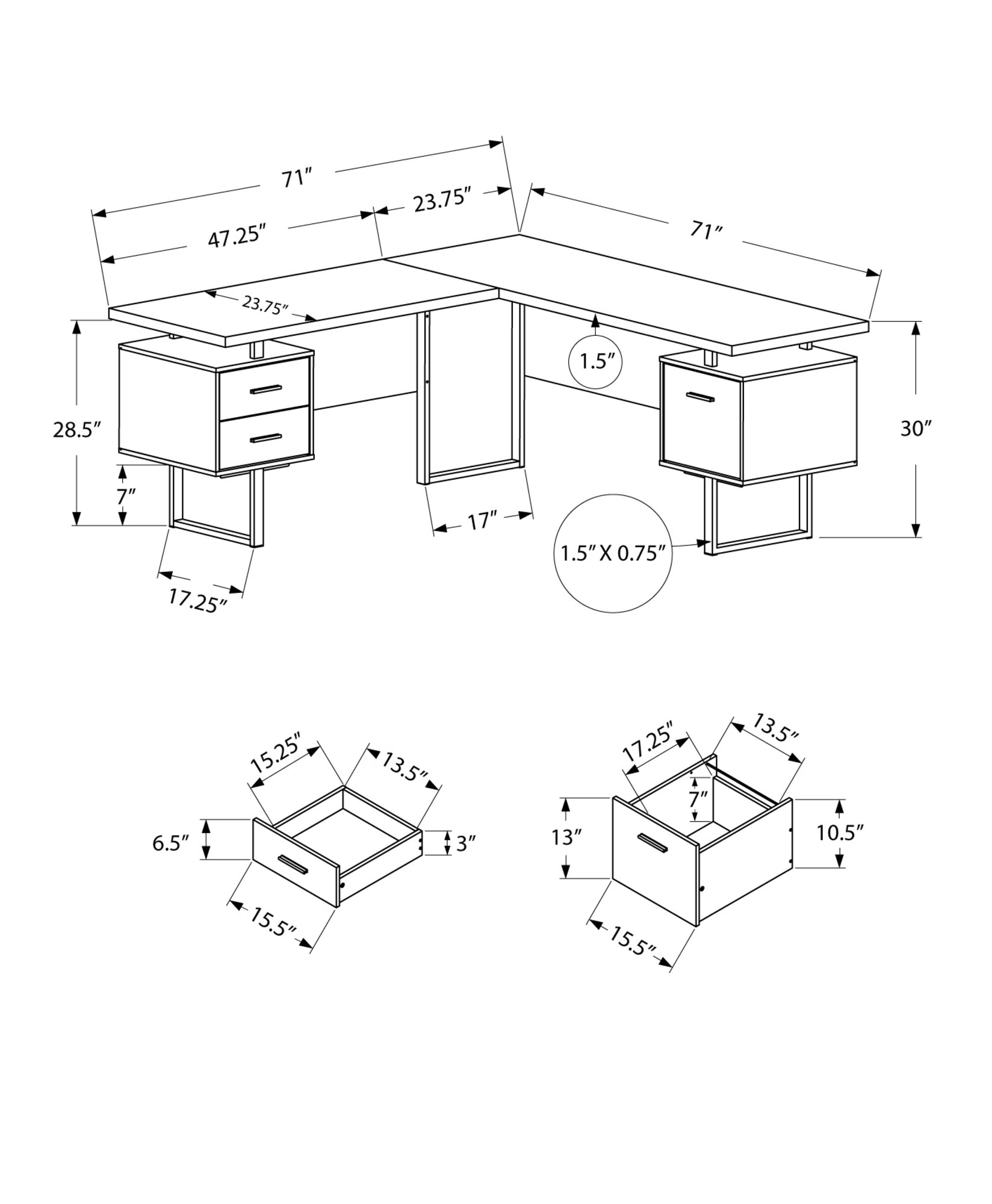 71" Brown and Silver L Shape Computer Desk With Three Drawers