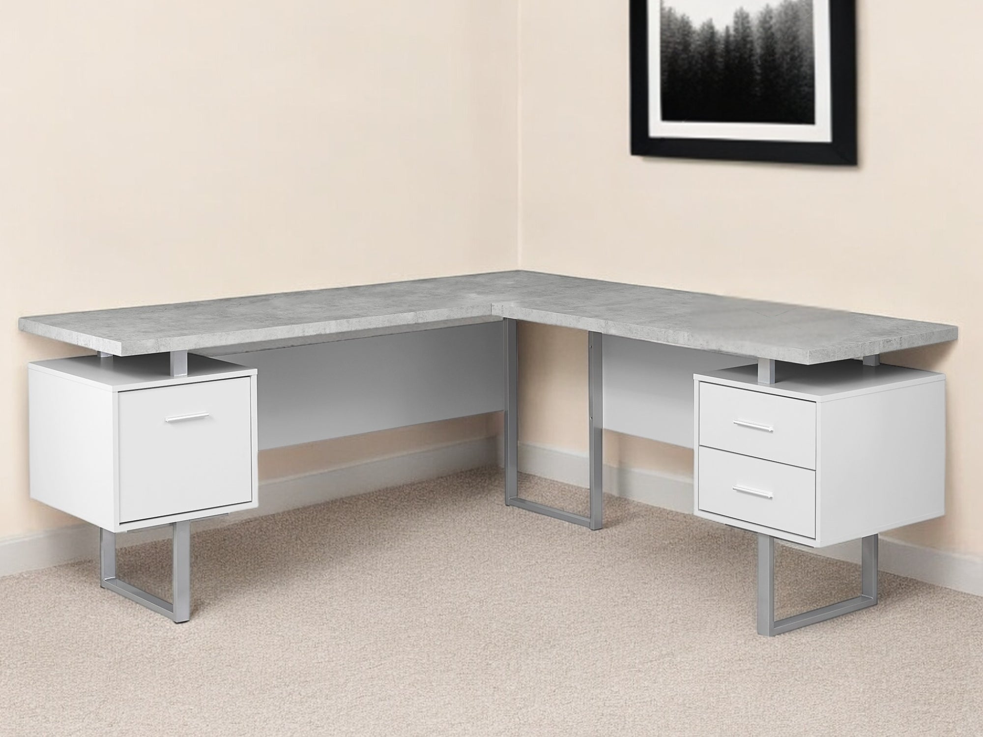 71" Brown and Silver L Shape Computer Desk With Three Drawers