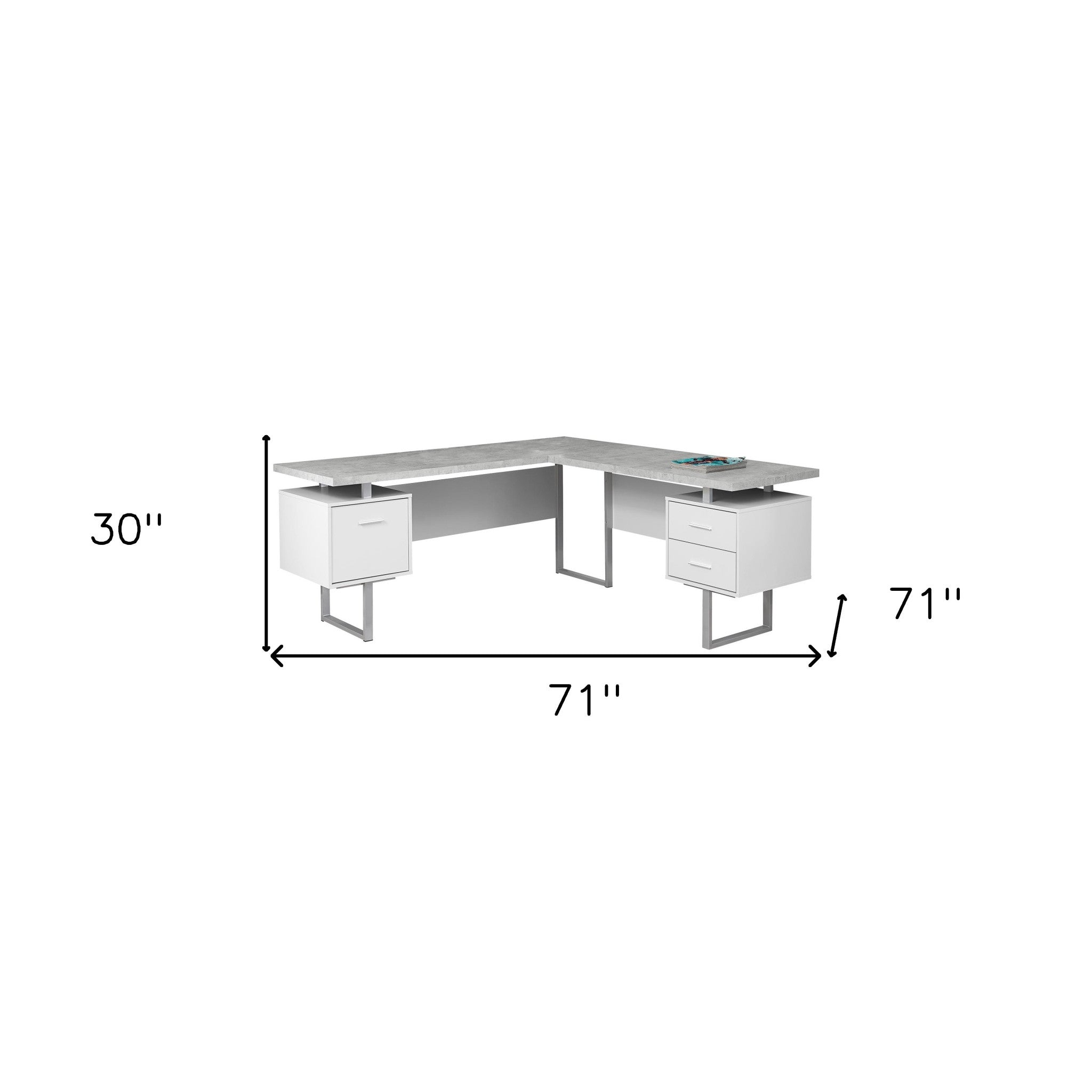 71" Gray and Black L Shape Computer Desk With Three Drawers