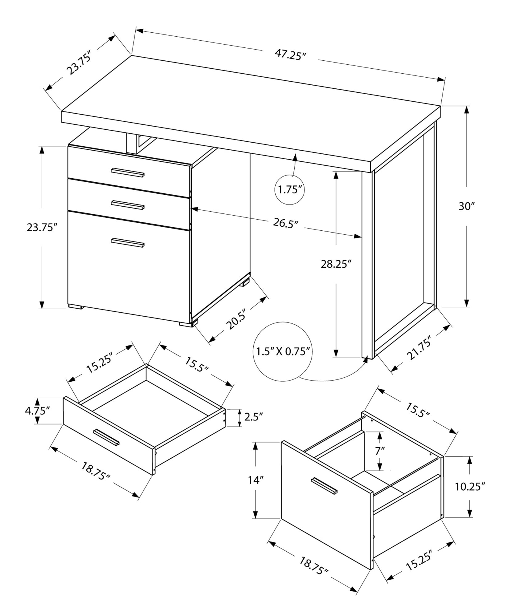 24" Gray and Silver Computer Desk With Three Drawers