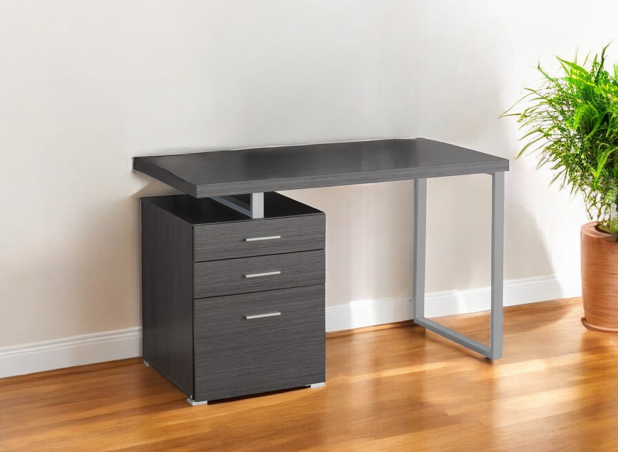 24" Gray and Silver Computer Desk With Three Drawers