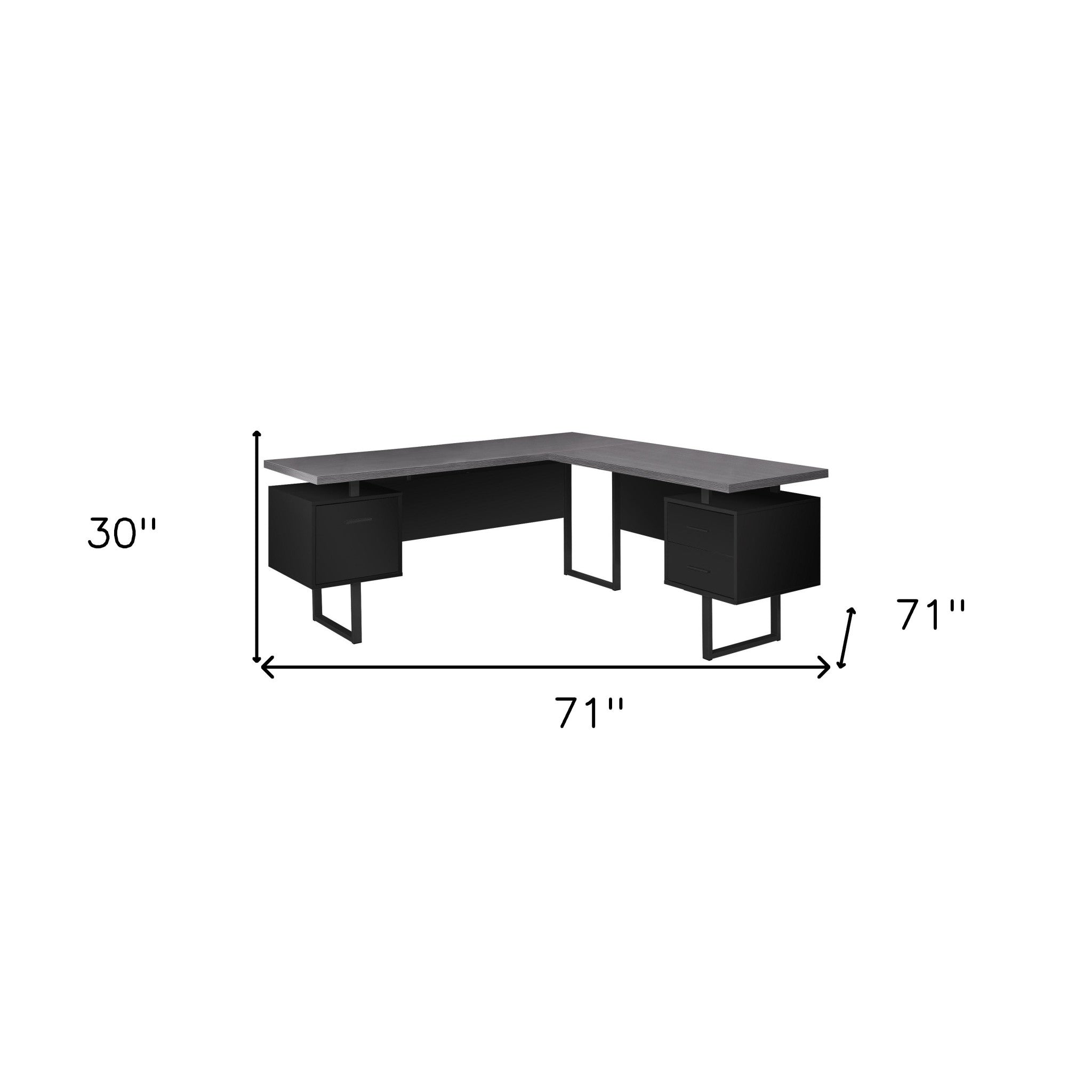 71" Brown and Silver L Shape Computer Desk With Three Drawers