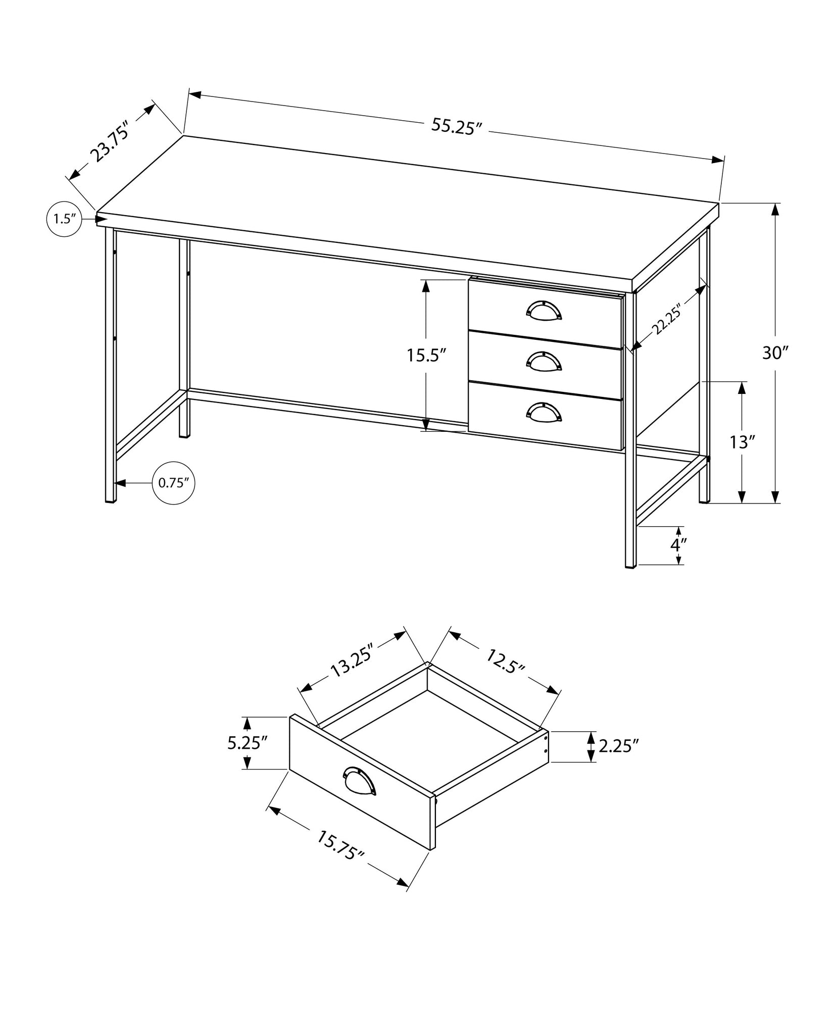 24" Brown Rectangular Computer Desk With Three Drawers