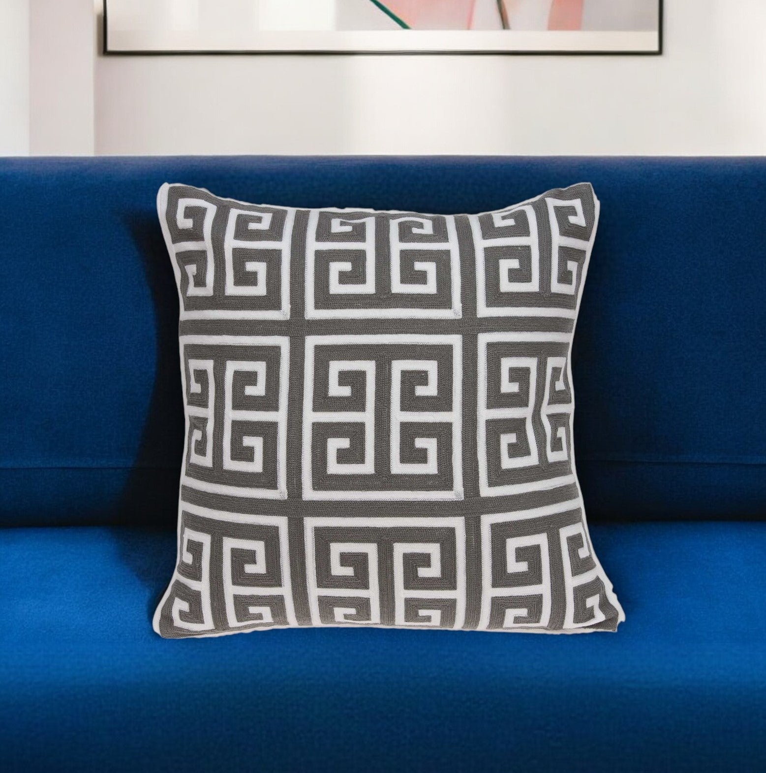 20" Gray and White Greek Key Cotton Throw Pillow