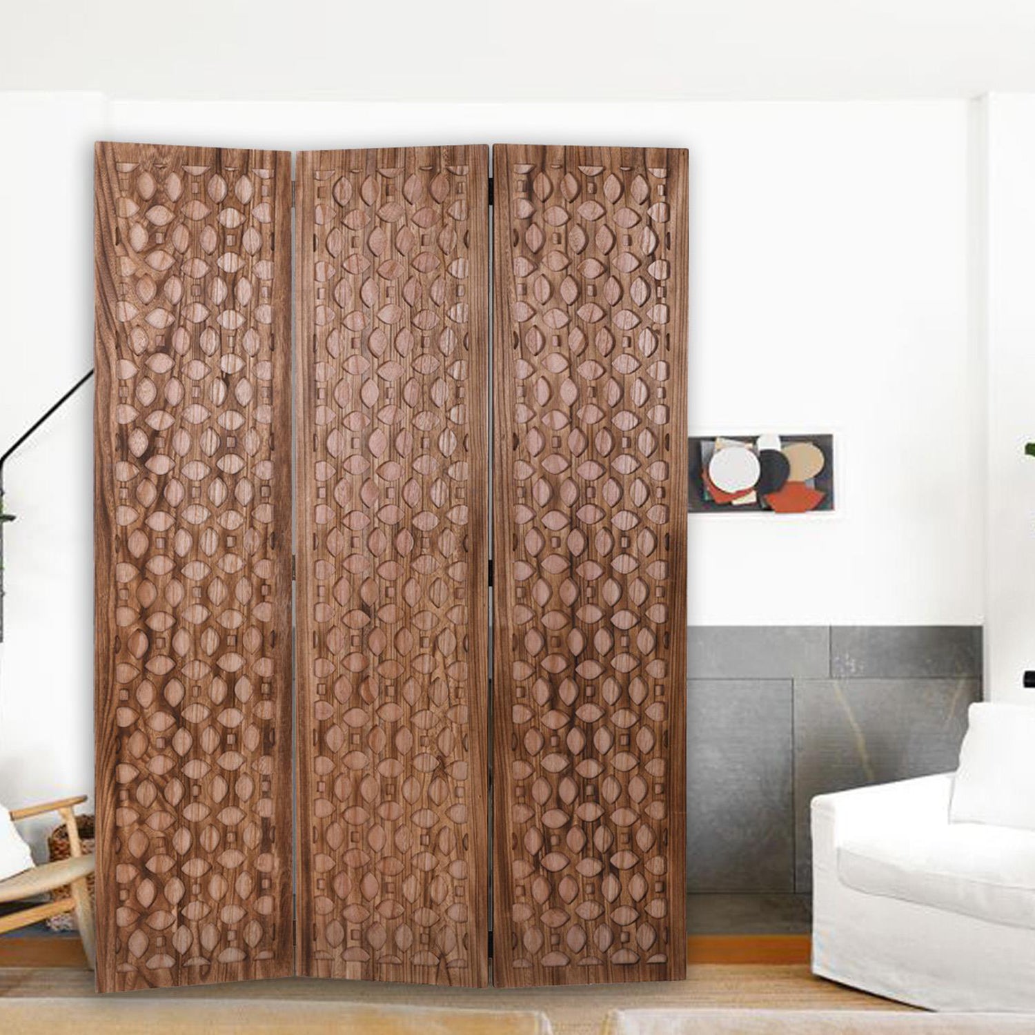 Stunning Carved Brown Wood Room Divider Screen