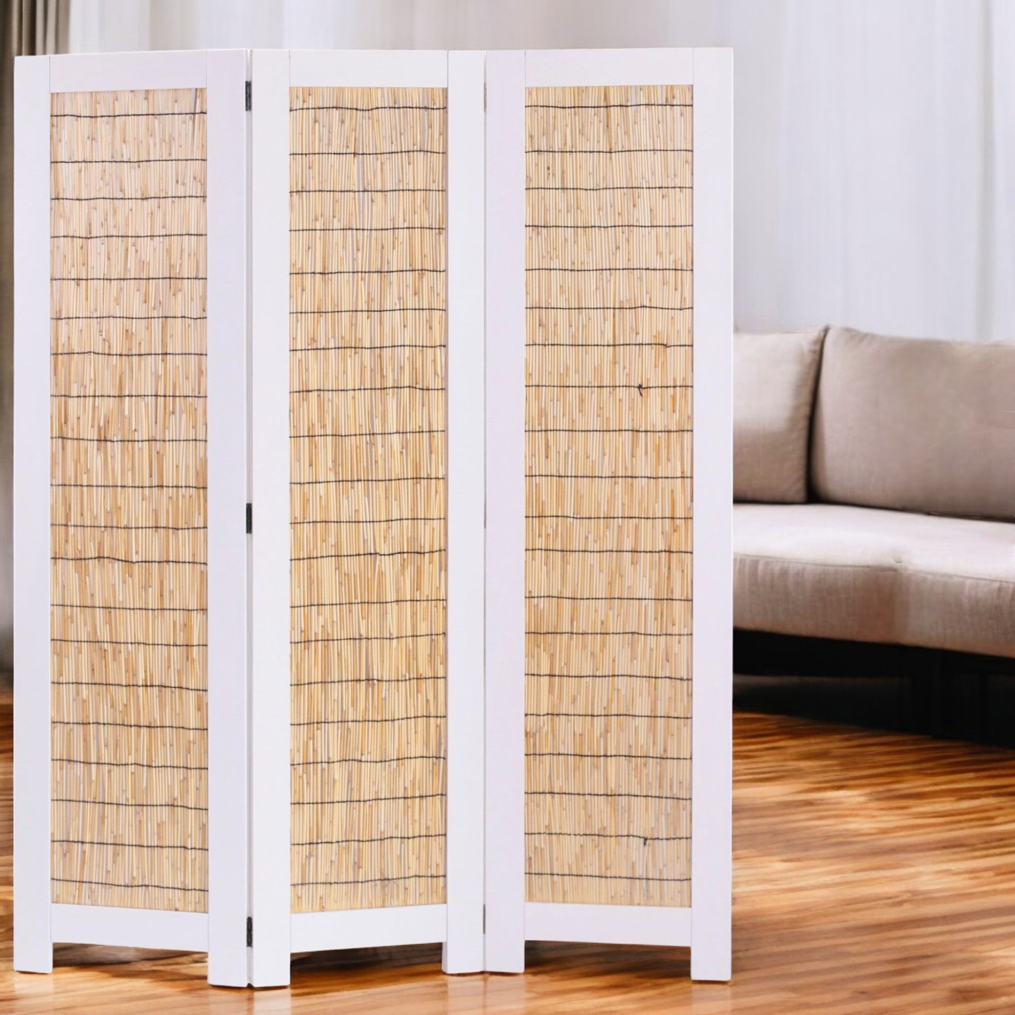 67" White and Natural Manufactured Wood Folding Three Panel Screen Room Divider