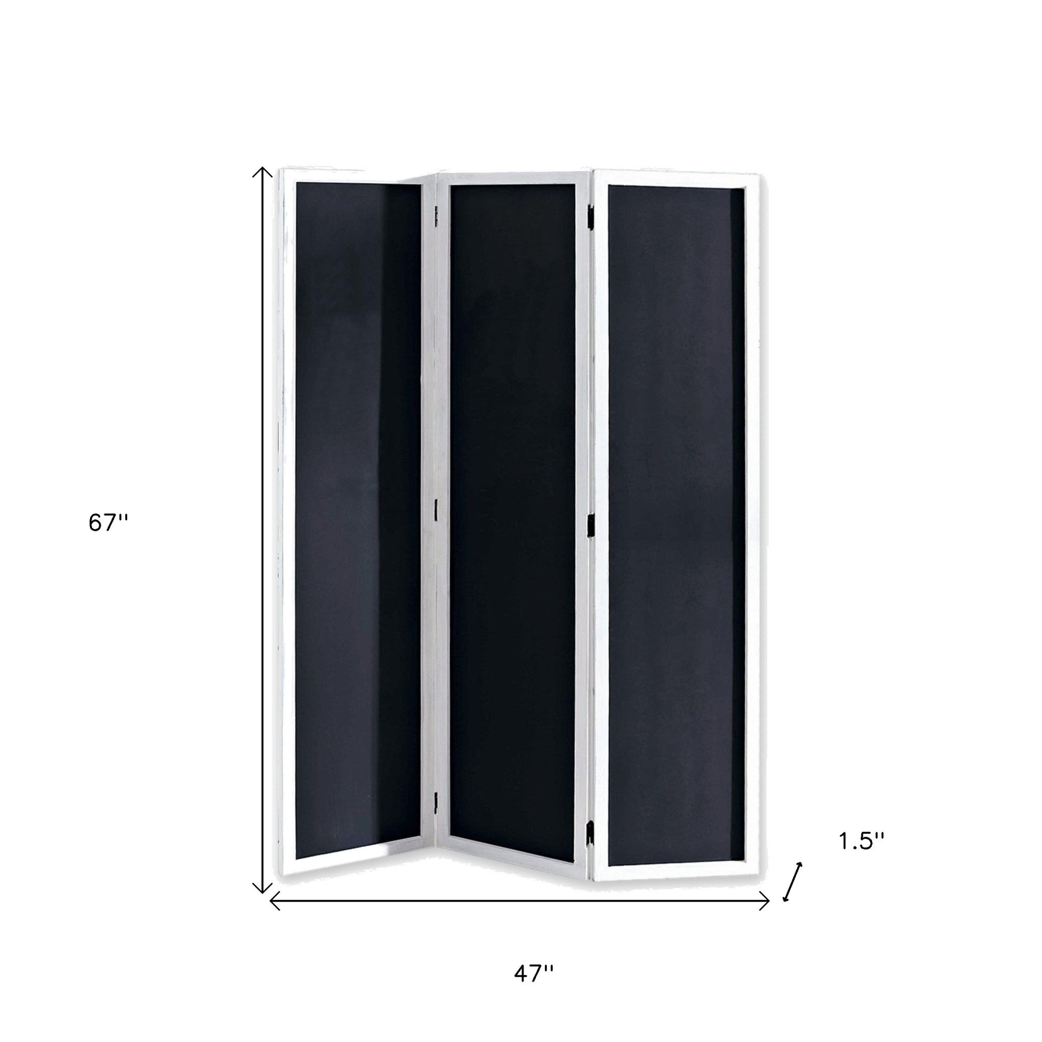 67" Black and White Chalkboard Wood Folding Three Panel Screen Room Divider