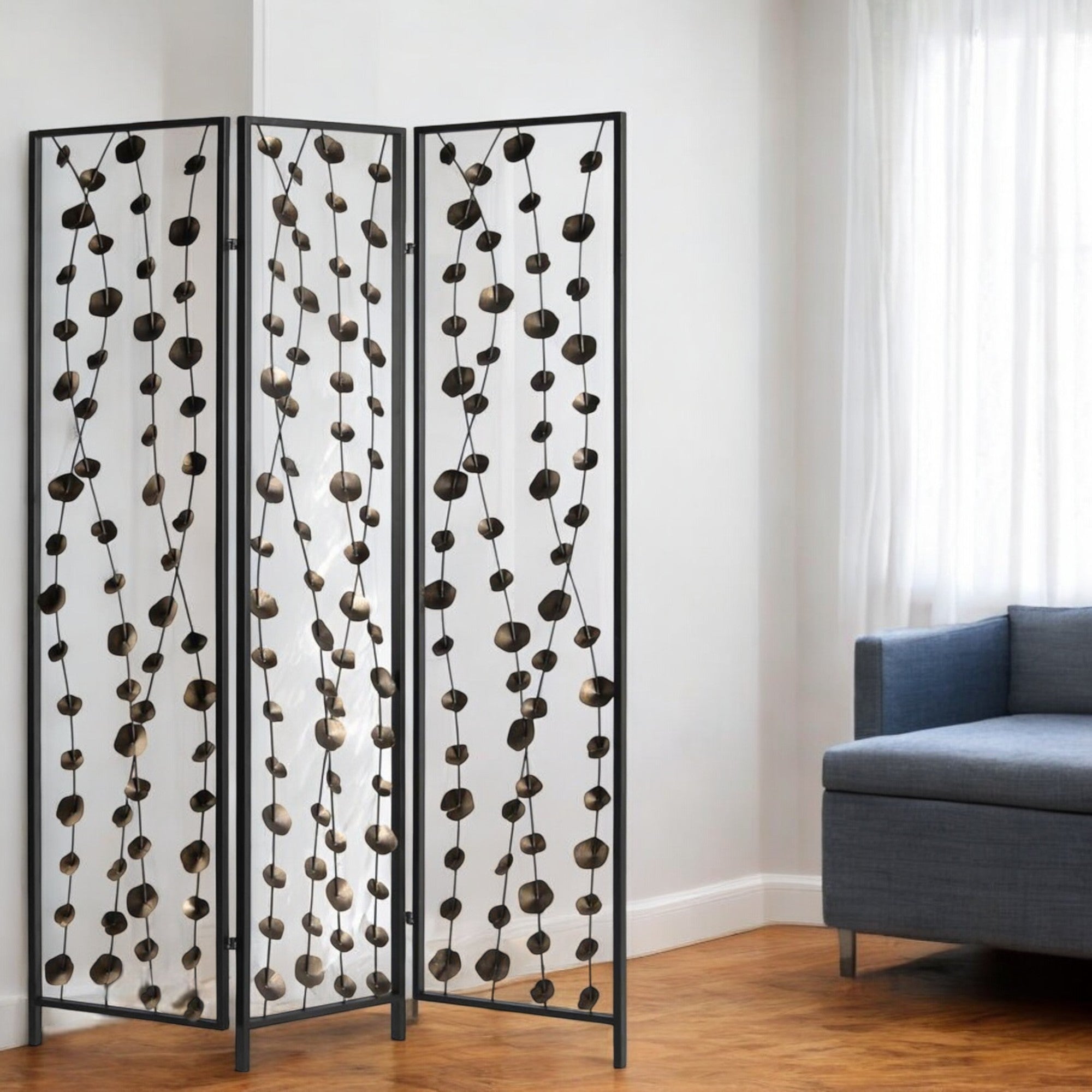 71" Gray Iron Folding Three Panel Screen Room Divider