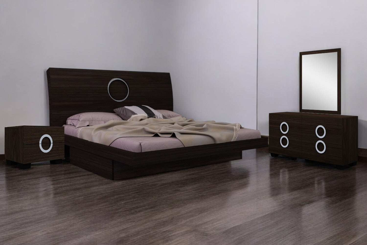 Four Piece Wood Brown Solid Wood Bedroom Set With Mirror