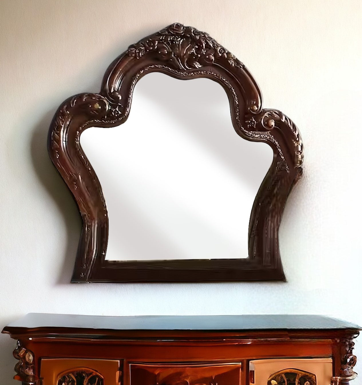 Cherry Oak Wood Finish Baroque Style Wall Mirror