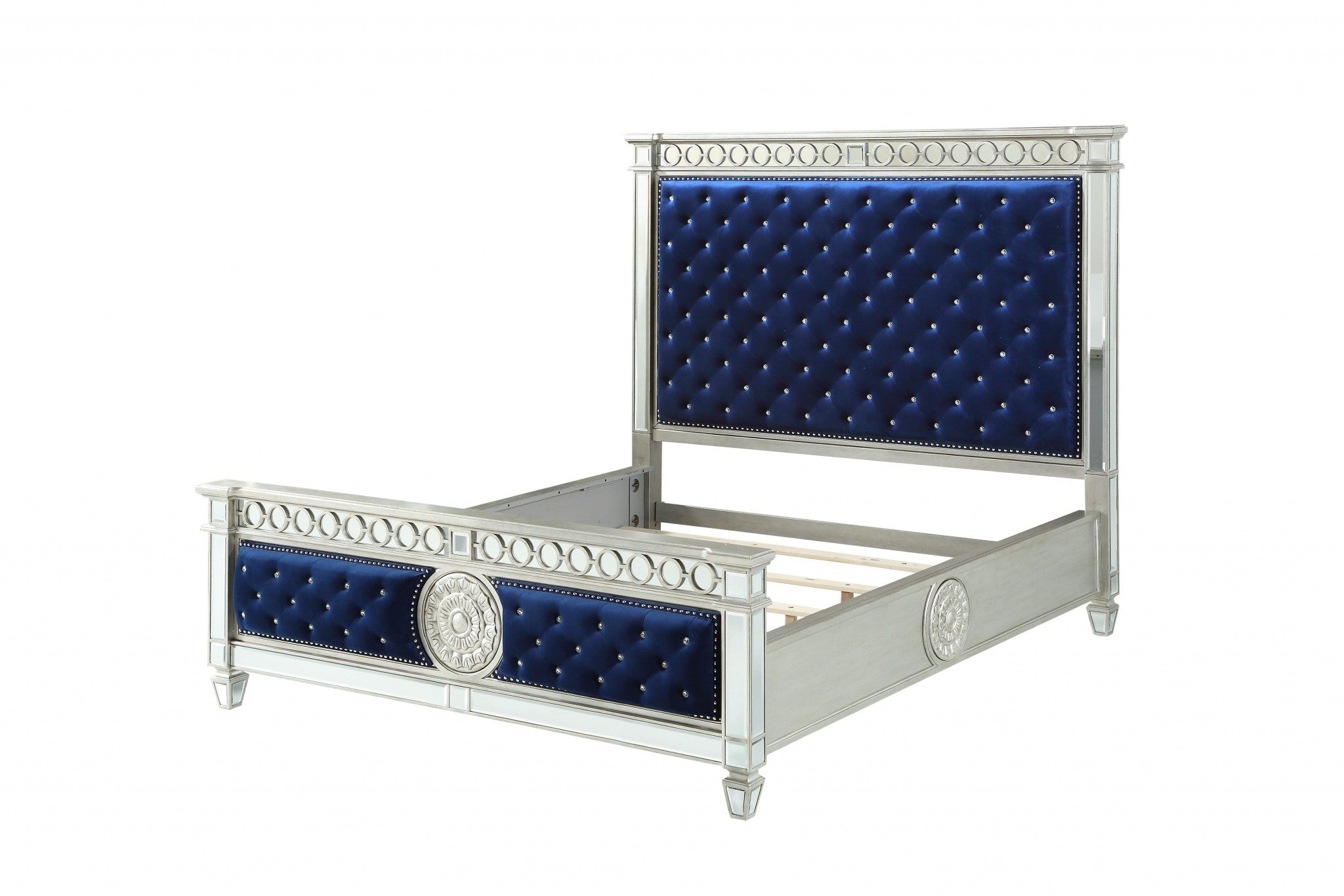 Blue Queen Tufted Upholstered Velvet Bed Frame with Nailhead Trim