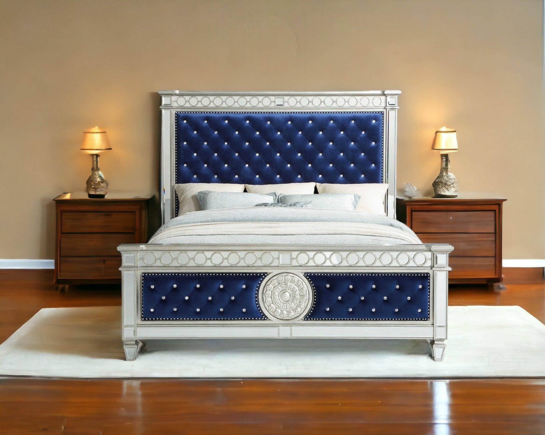 Blue Queen Tufted Upholstered Velvet Bed Frame with Nailhead Trim