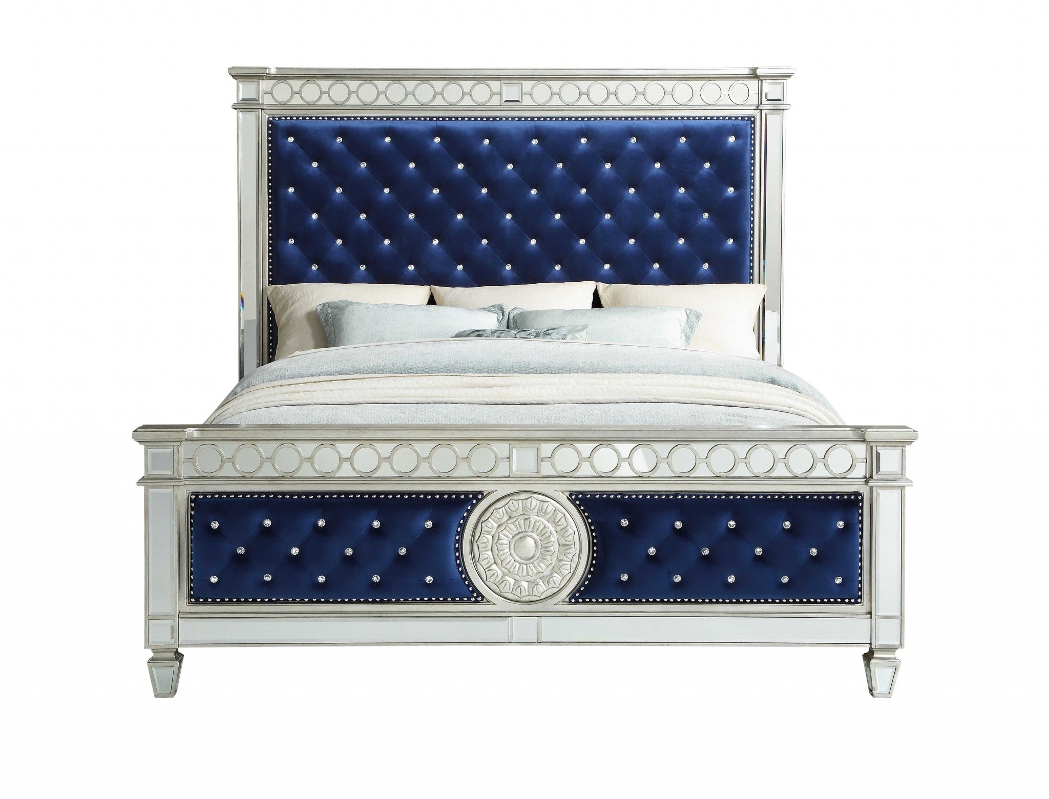 Blue Queen Tufted Upholstered Velvet Bed Frame with Nailhead Trim