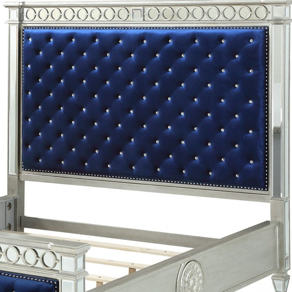 Blue Queen Tufted Upholstered Velvet Bed Frame with Nailhead Trim