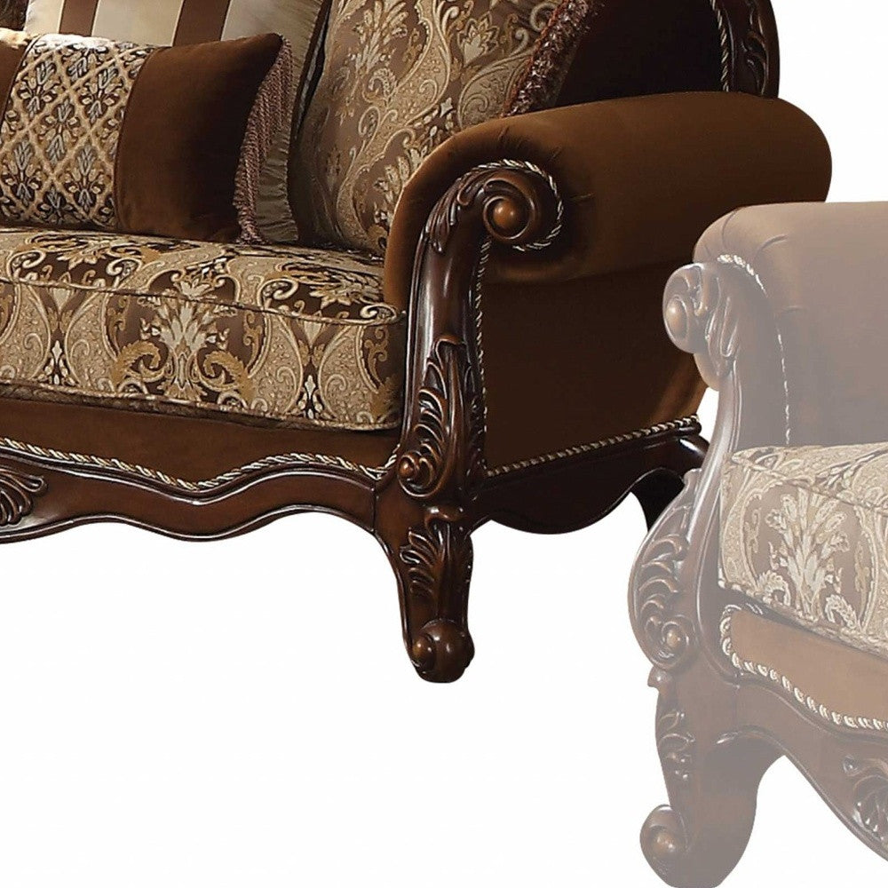 69" Brown Damask Chesterfield Loveseat and Toss Pillows