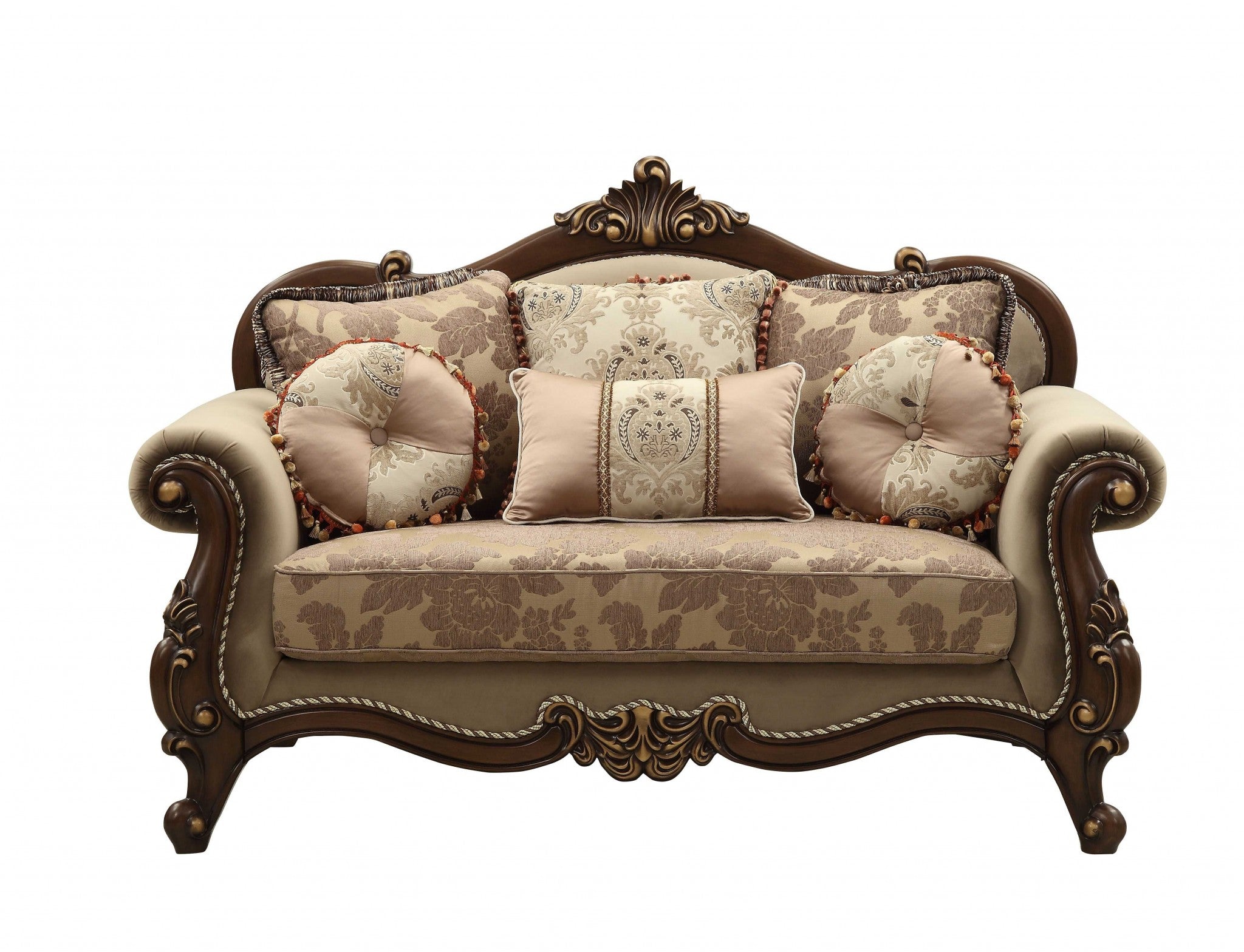 38" Beige and Gold And Brown Love Seat and Toss Pillows