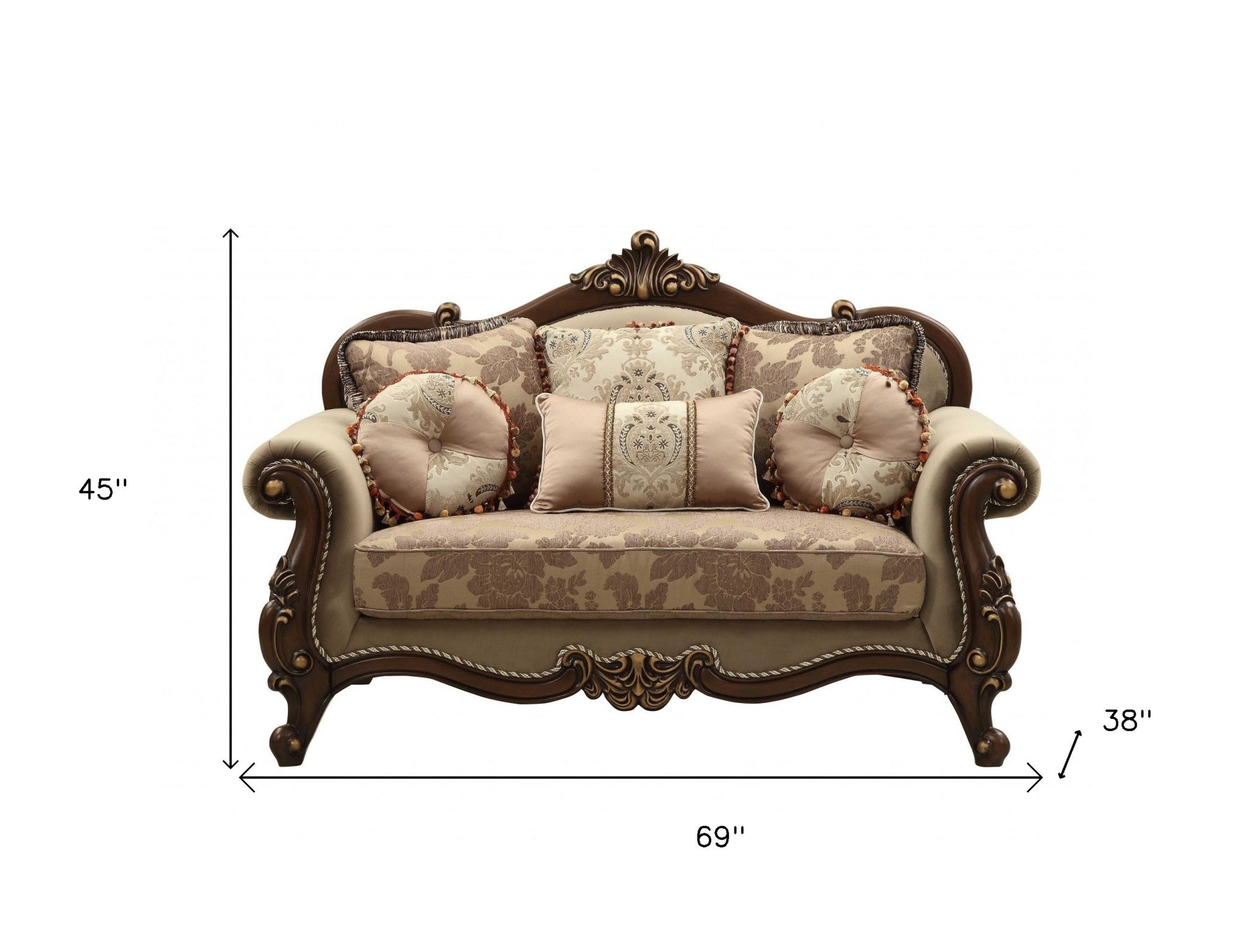 69" Beige and Gold And Brown Velvet Paisley Loveseat and Toss Pillows