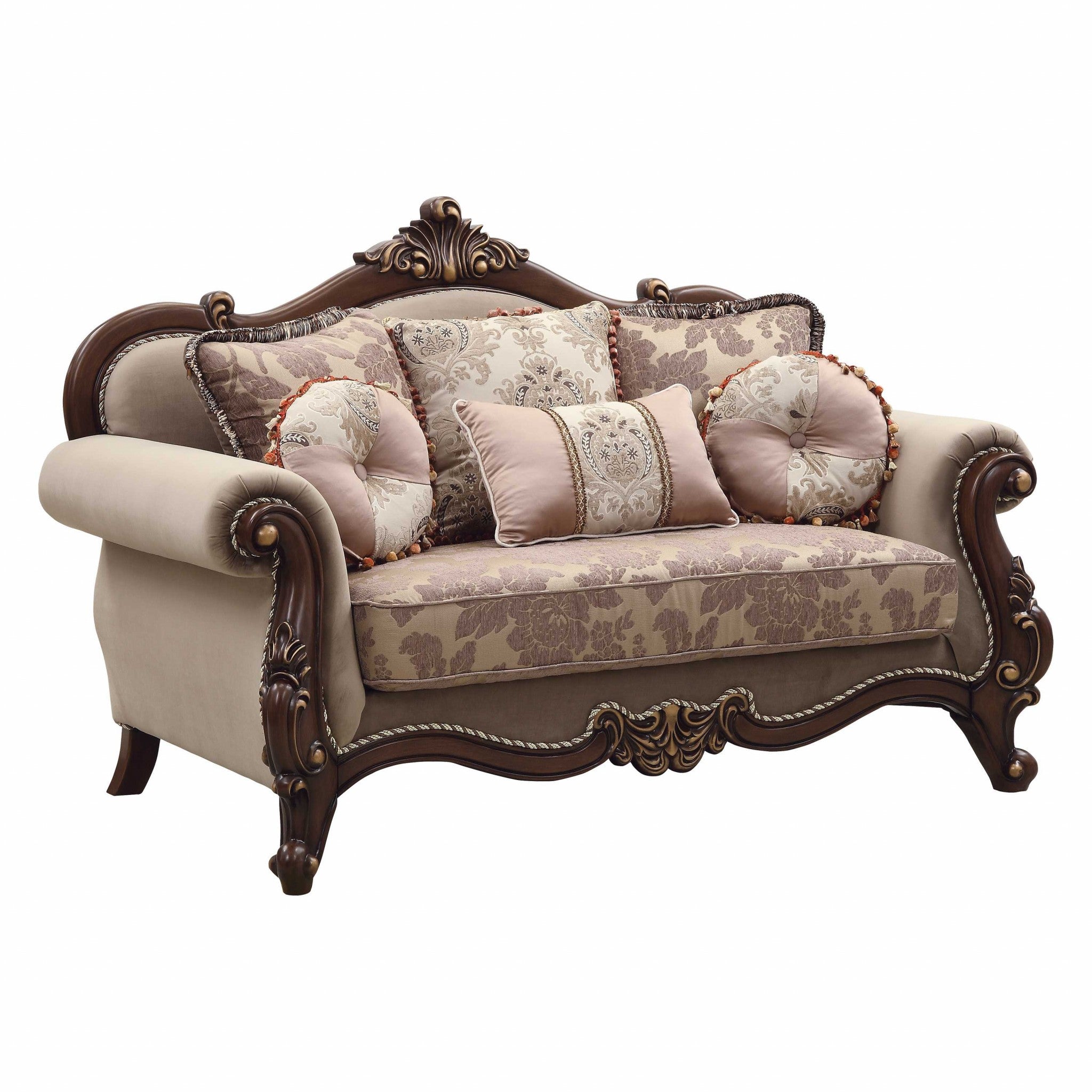 38" Beige and Gold And Brown Love Seat and Toss Pillows