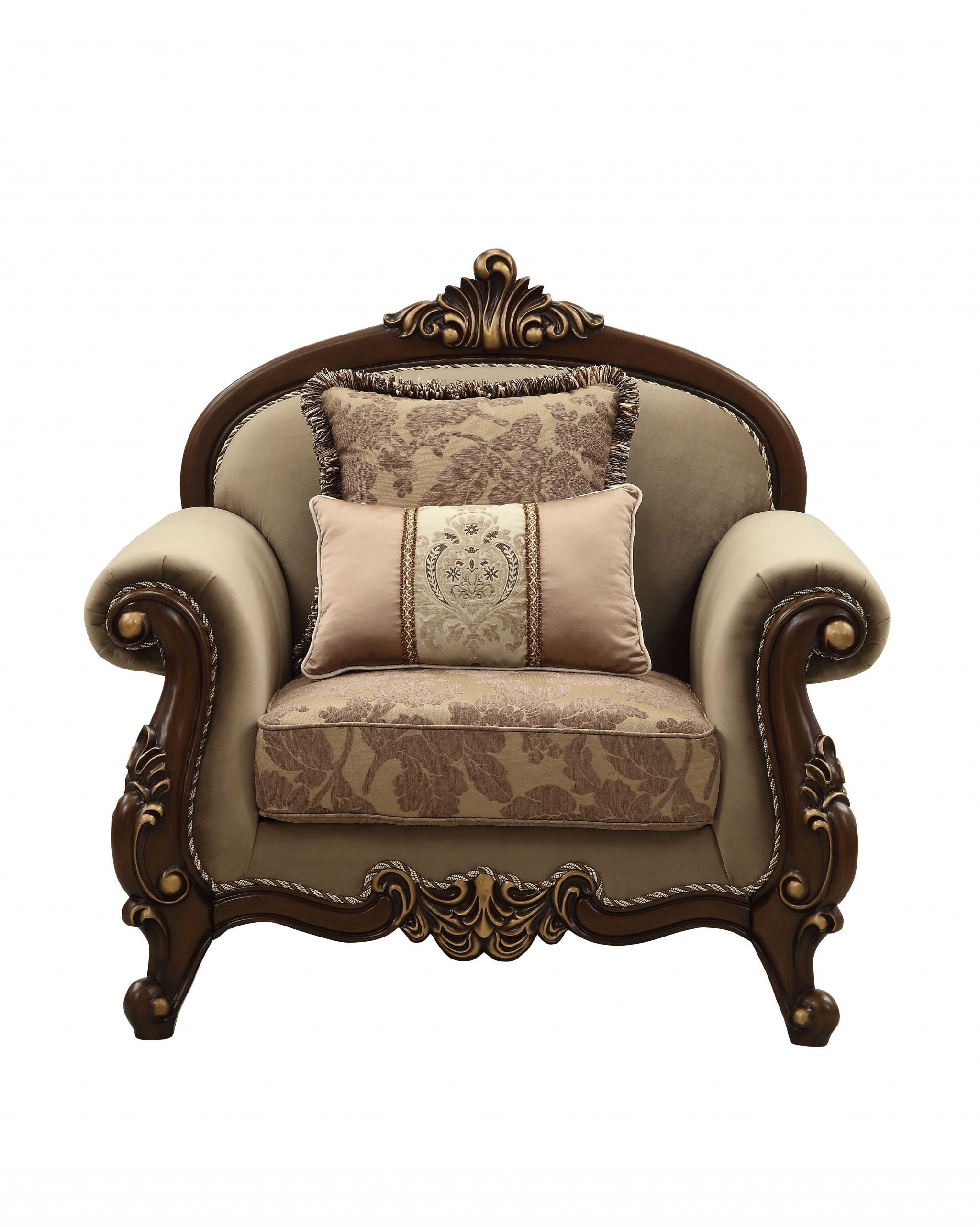 38" Beige And Brown Velvet Floral Arm Chair