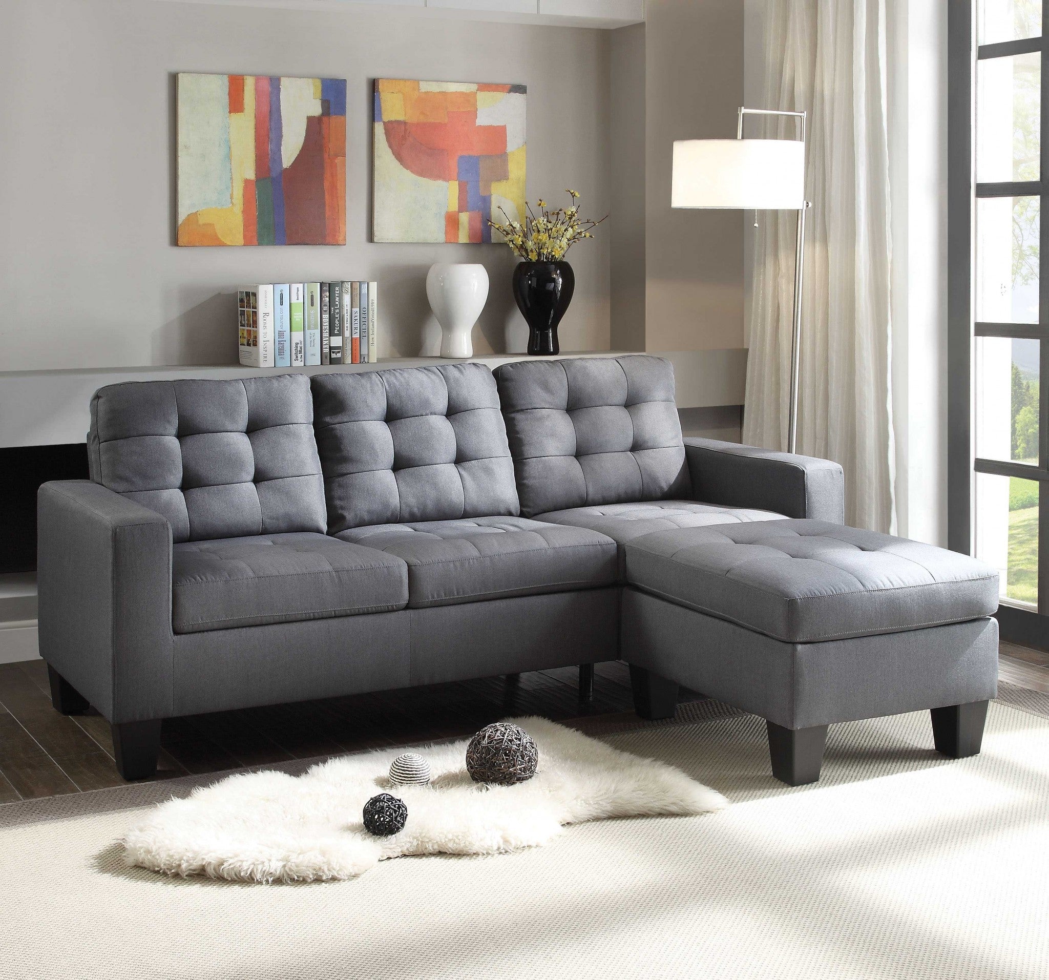 32" Gray And Black Linen Sofa With Ottoman