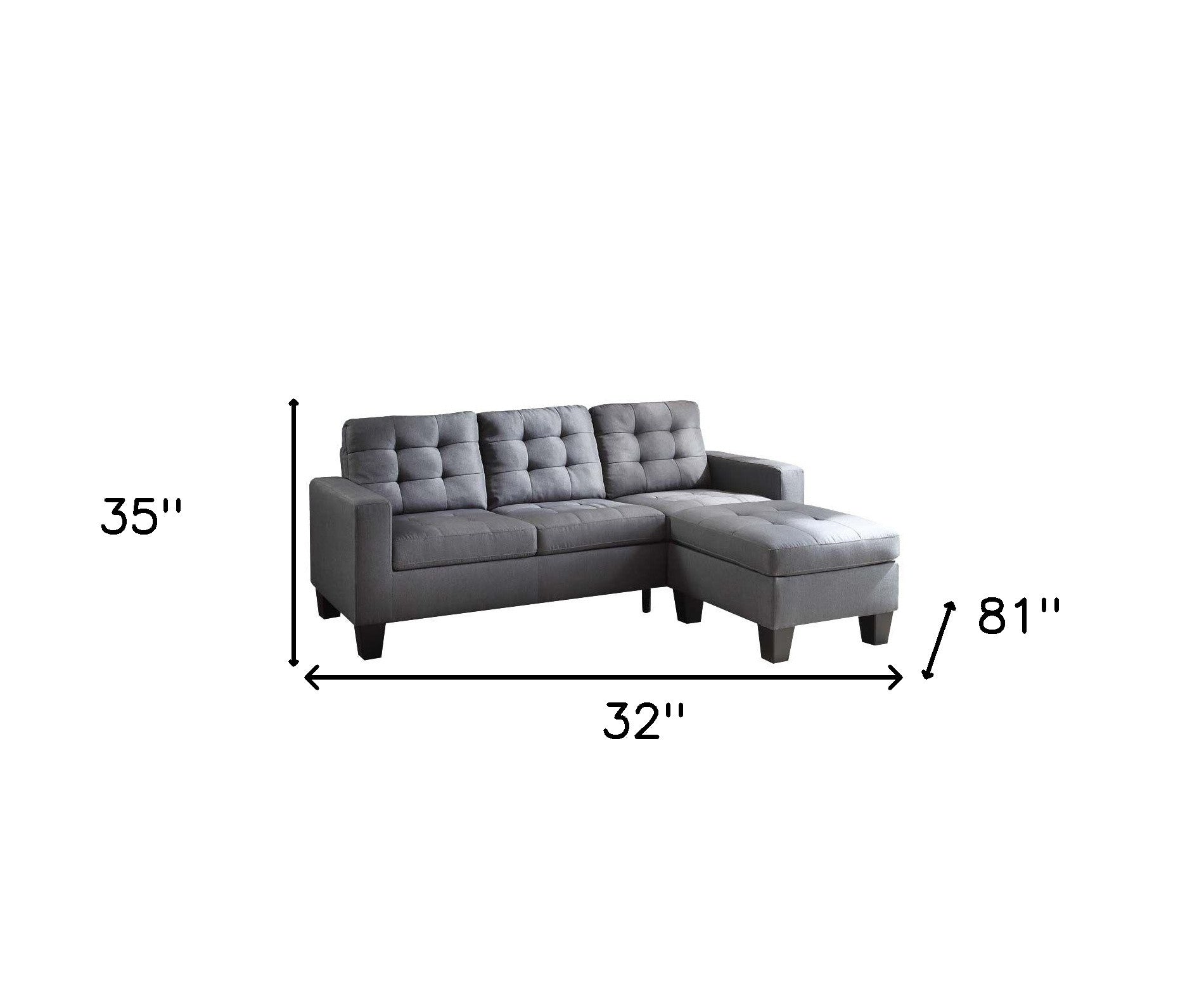 32" Gray And Black Linen Sofa With Ottoman