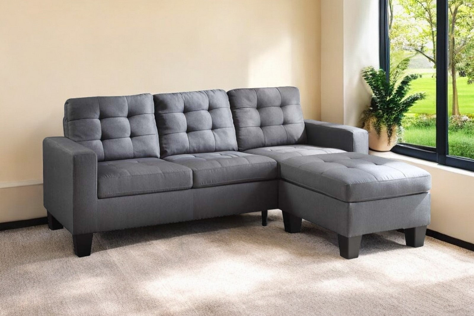 32" Gray And Black Linen Sofa With Ottoman