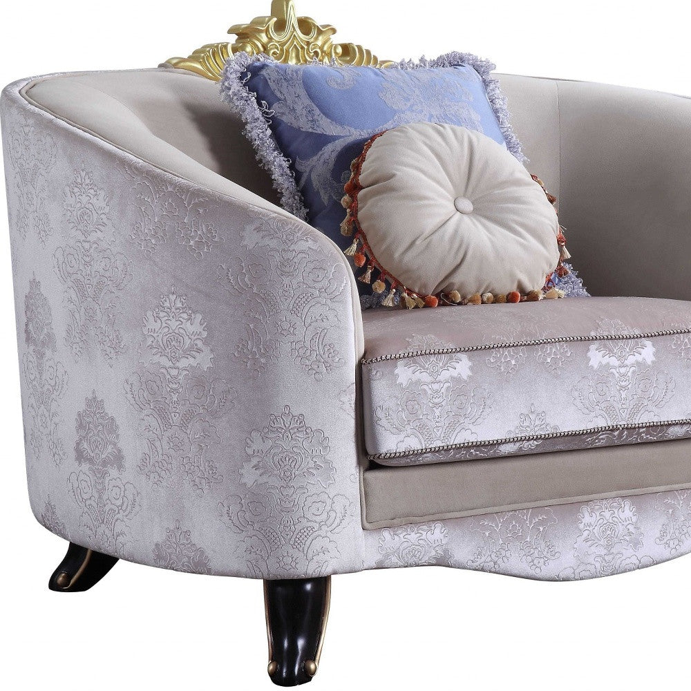 38" Cream And Black Velvet Damask Barrel Chair And Toss Pillows