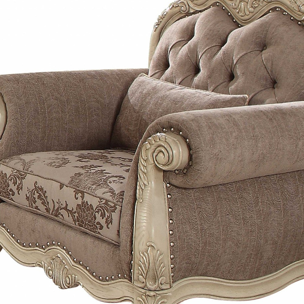 35" Gray And Pearl Fabric Damask Tufted Chesterfield Chair