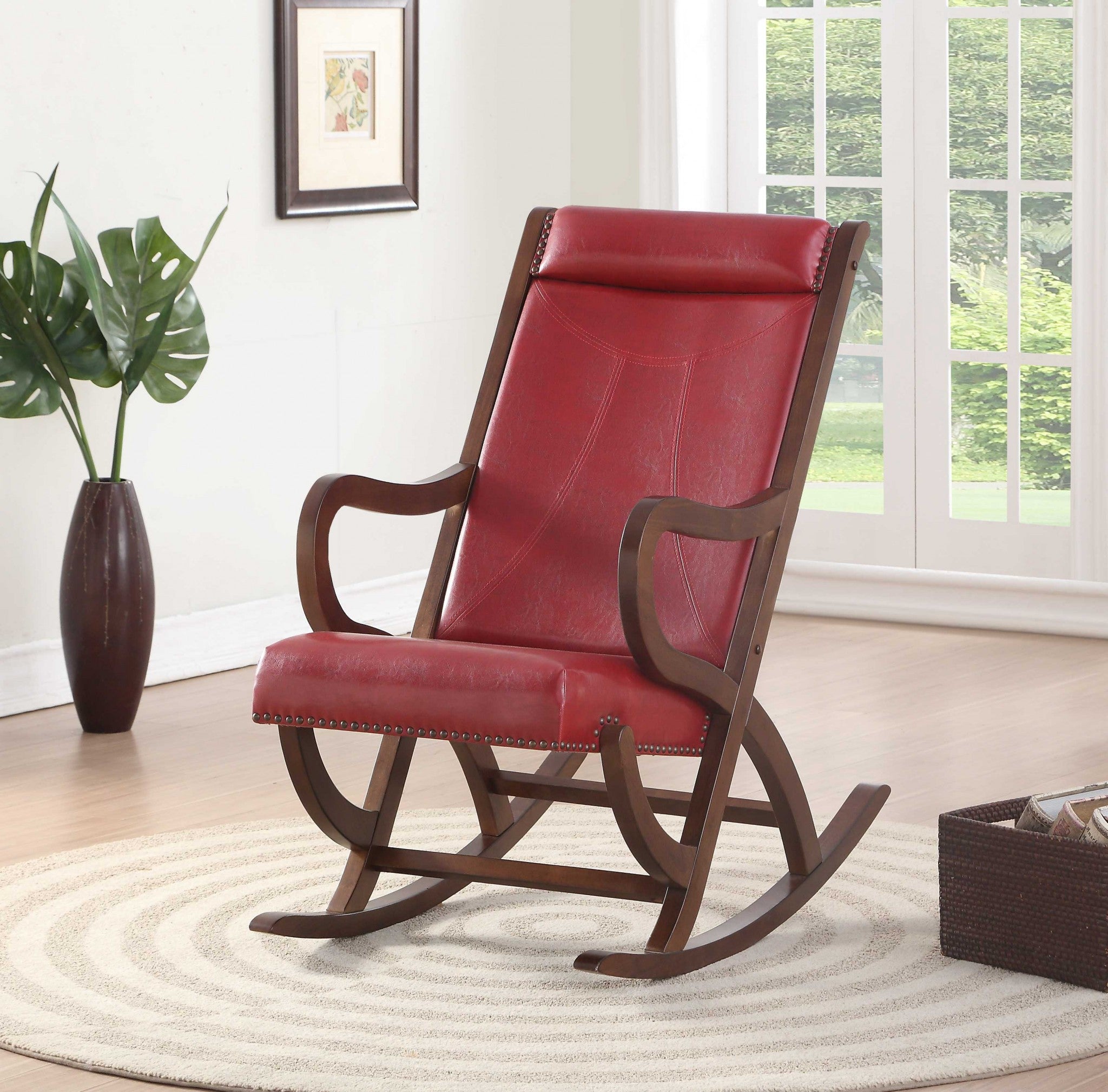 22" X 36" X 38" Burgundy Pu Walnut Wood Upholstered (Seat) Rocking Chair