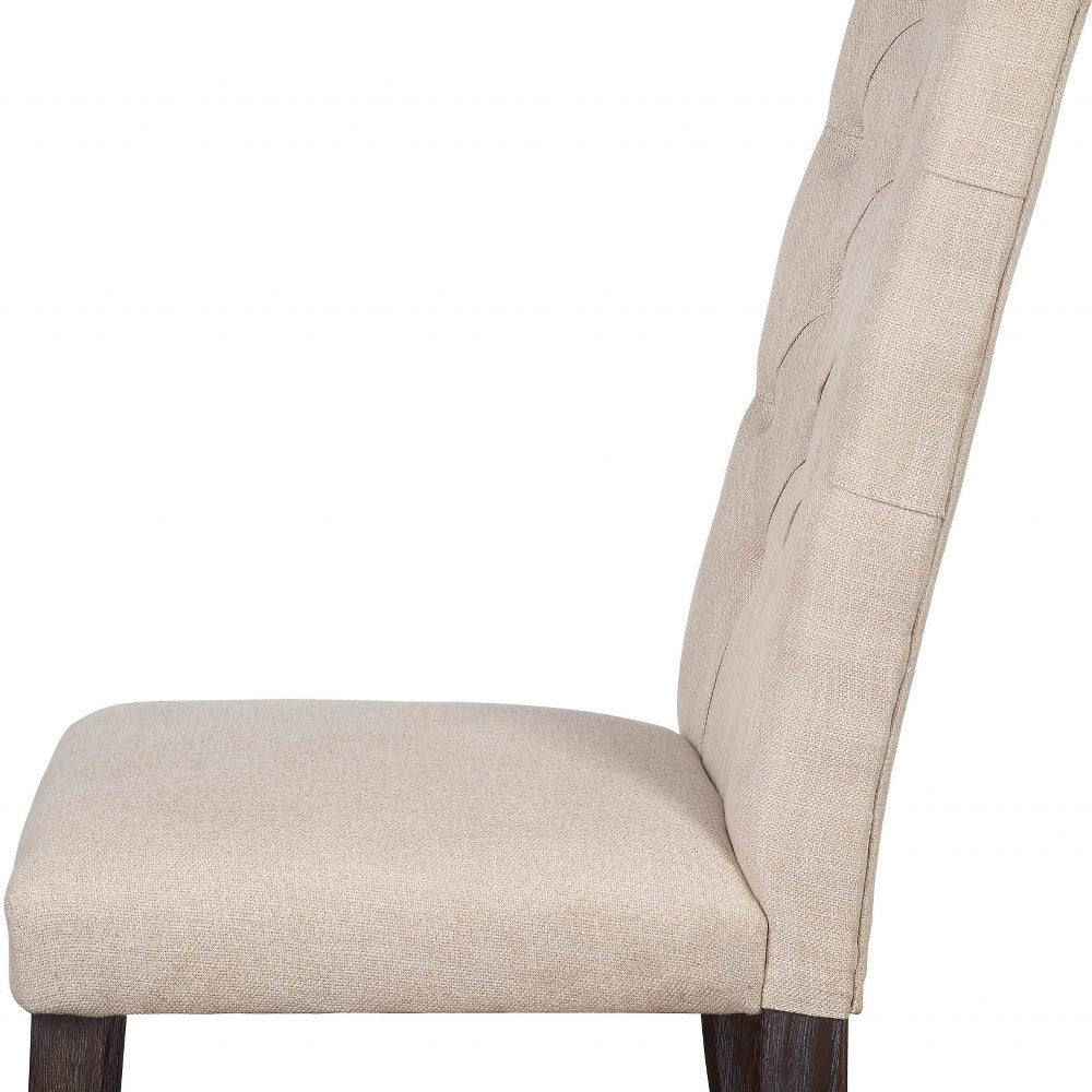 Set of Two Tufted Beige And Espresso Upholstered Linen Dining Side Chairs