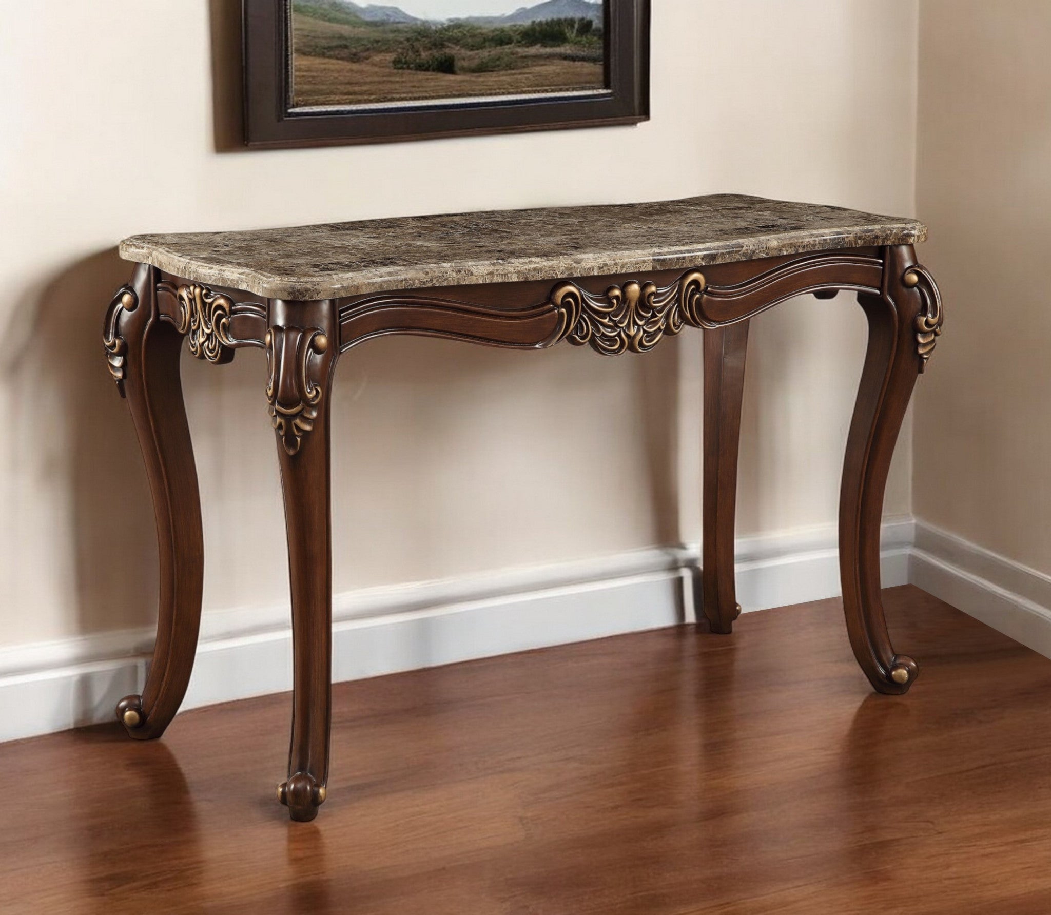 56" Beige and Brown and Brown Genuine Marble Console Table