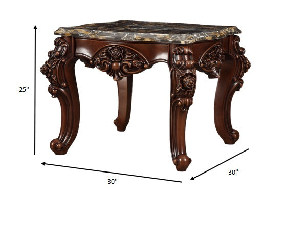 25" Walnut And Brown Faux Marble Mirrored End Table