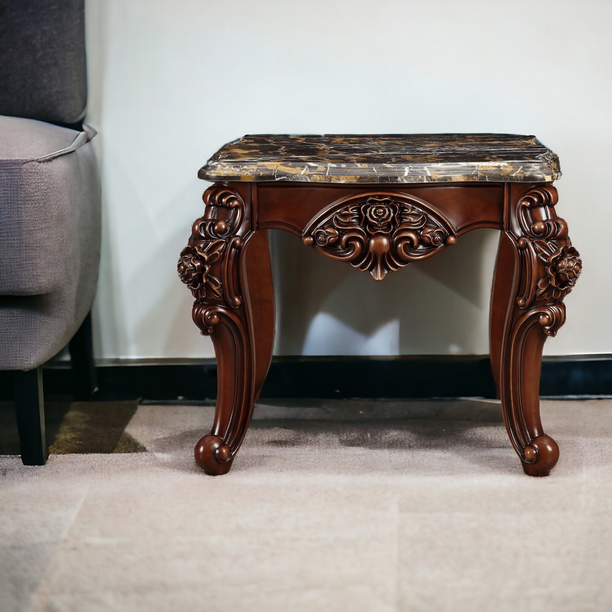 25" Walnut And Brown Faux Marble Mirrored End Table