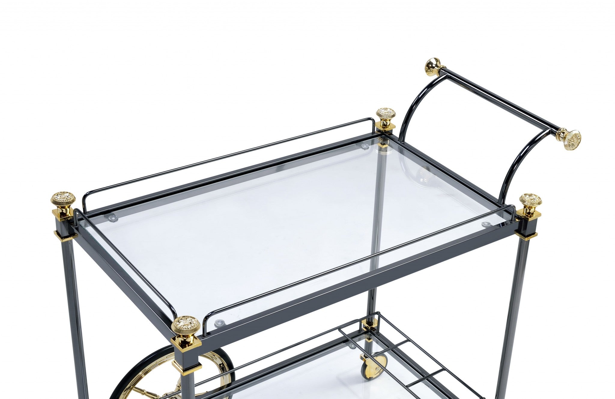 Black and Gold Iron And Glass Rolling Bar Cart With Wine Storage