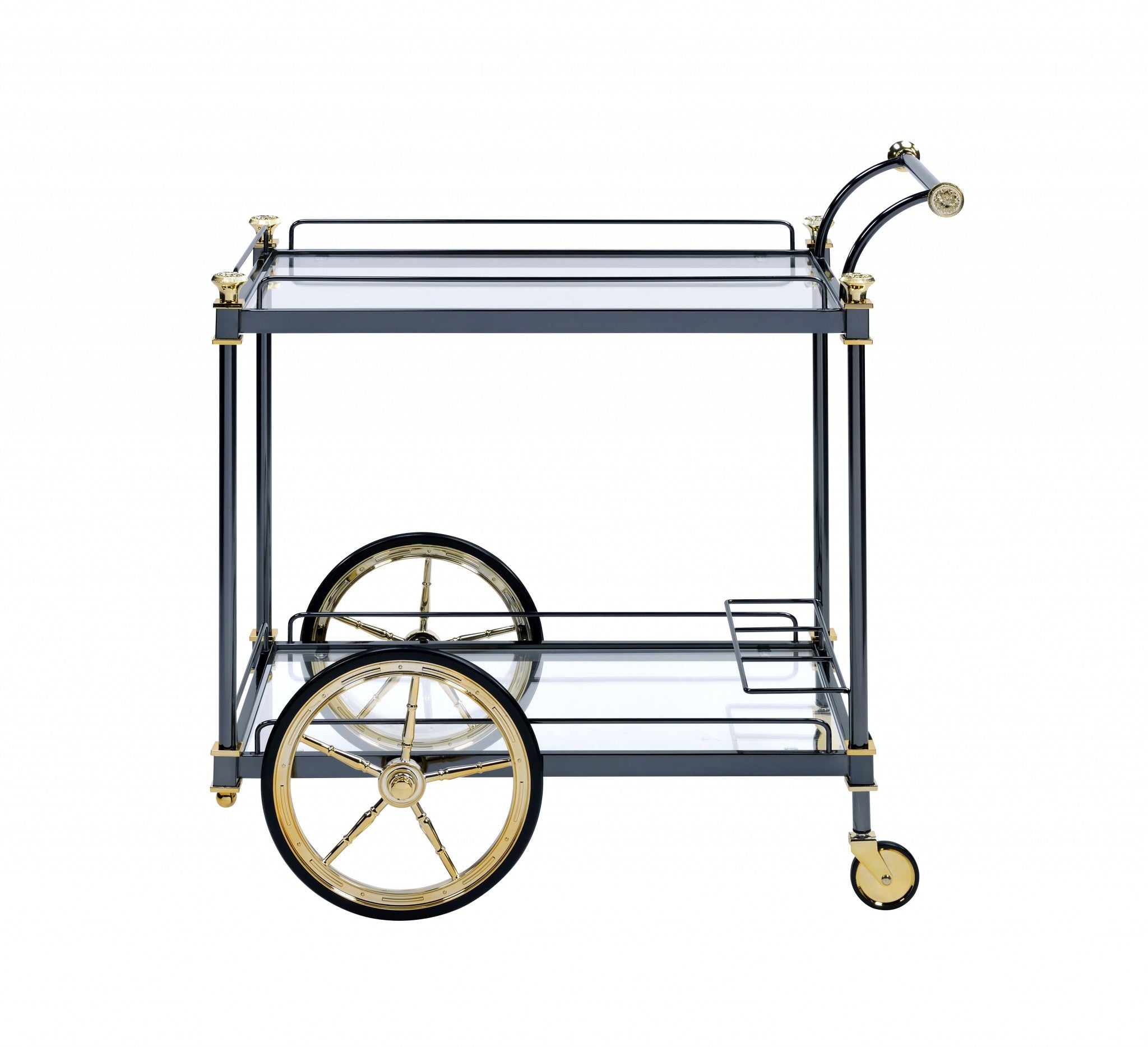 Black and Gold Iron And Glass Rolling Bar Cart With Wine Storage