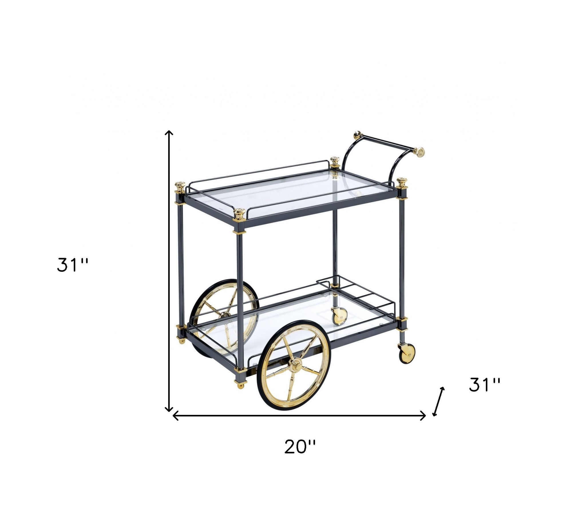 Black and Gold Iron And Glass Rolling Bar Cart With Wine Storage